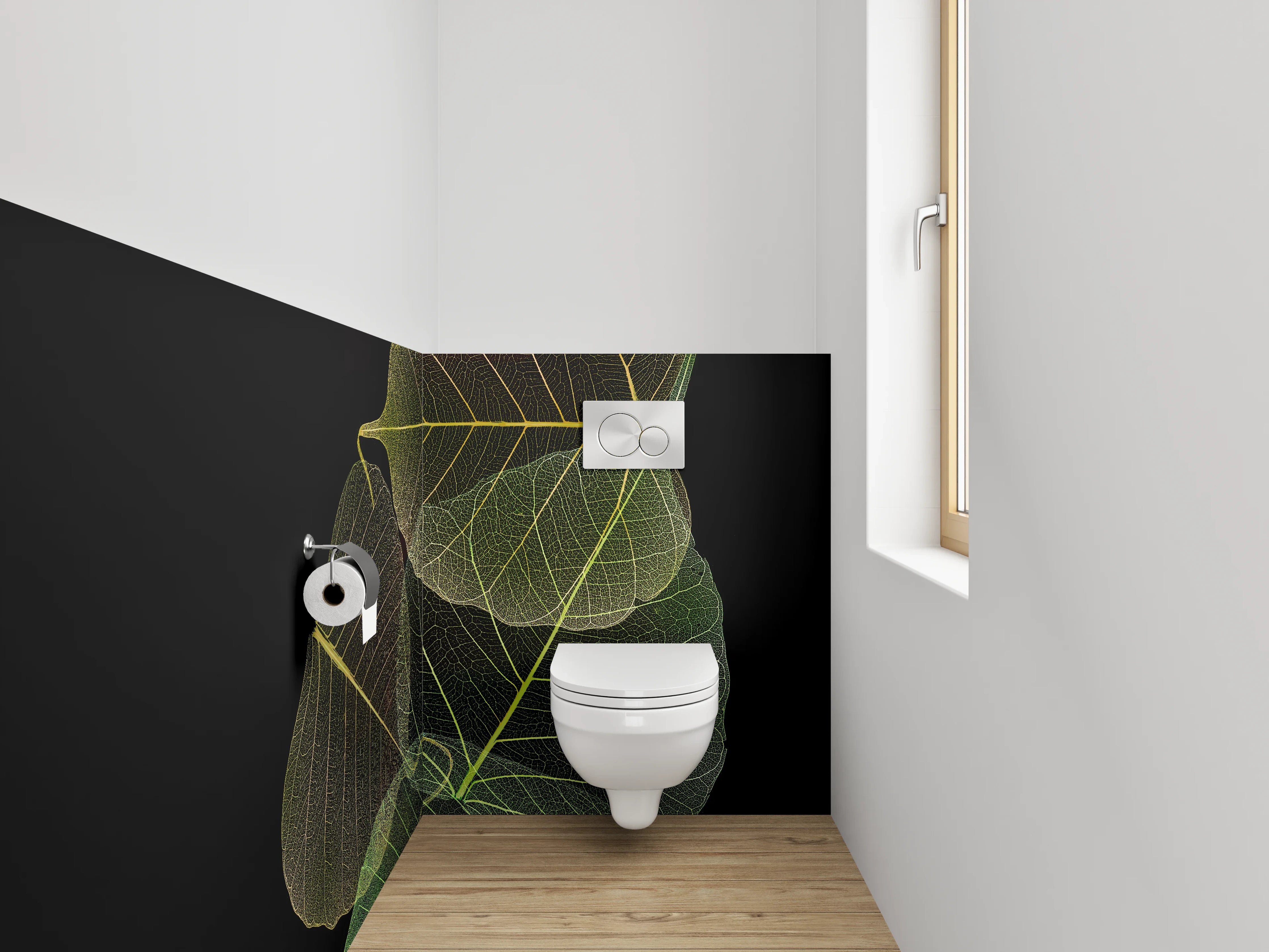 WC-Rückwand - Transparente Blätter auf Schwarz