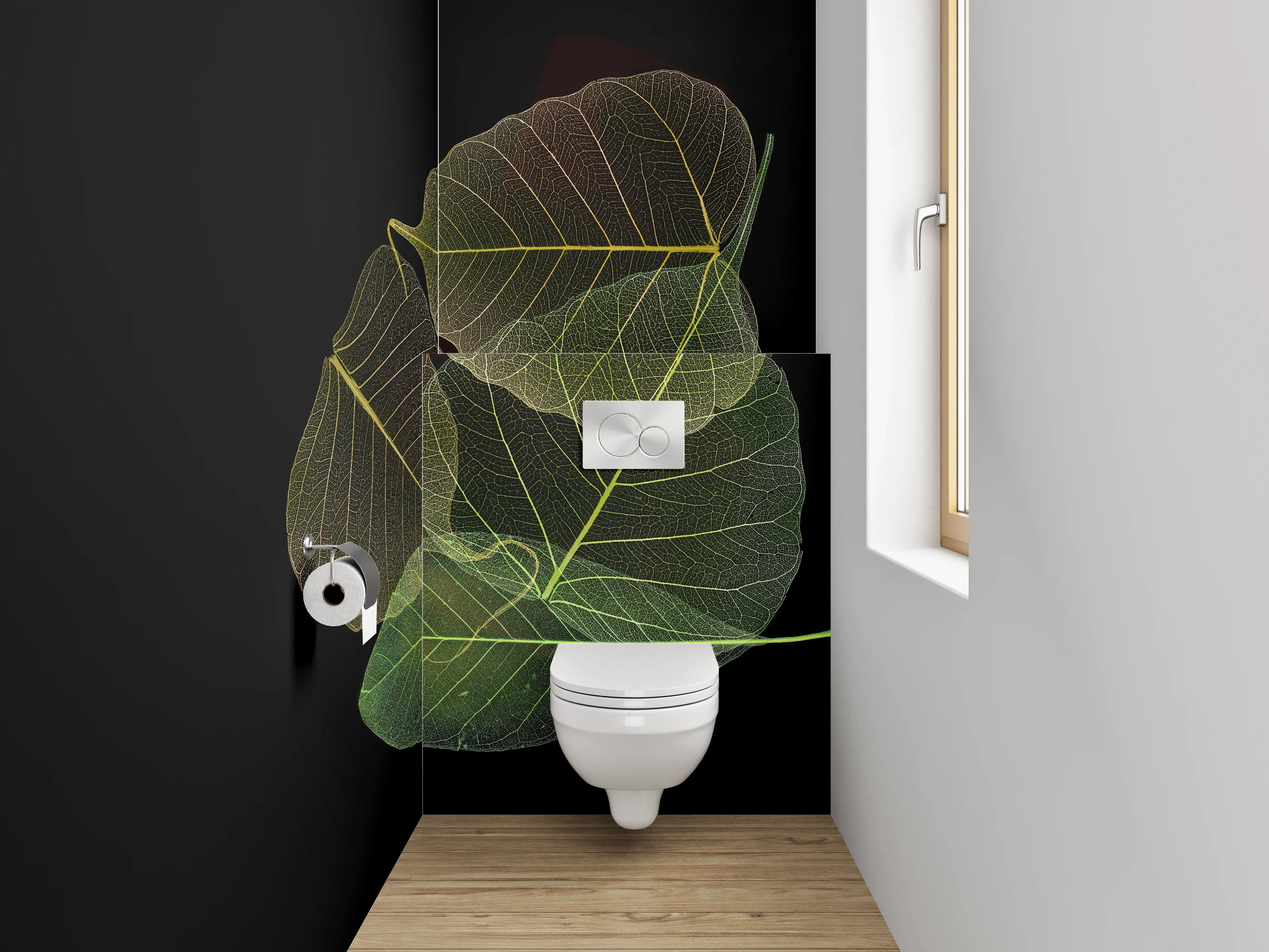 WC-Rückwand - Transparente Blätter auf Schwarz