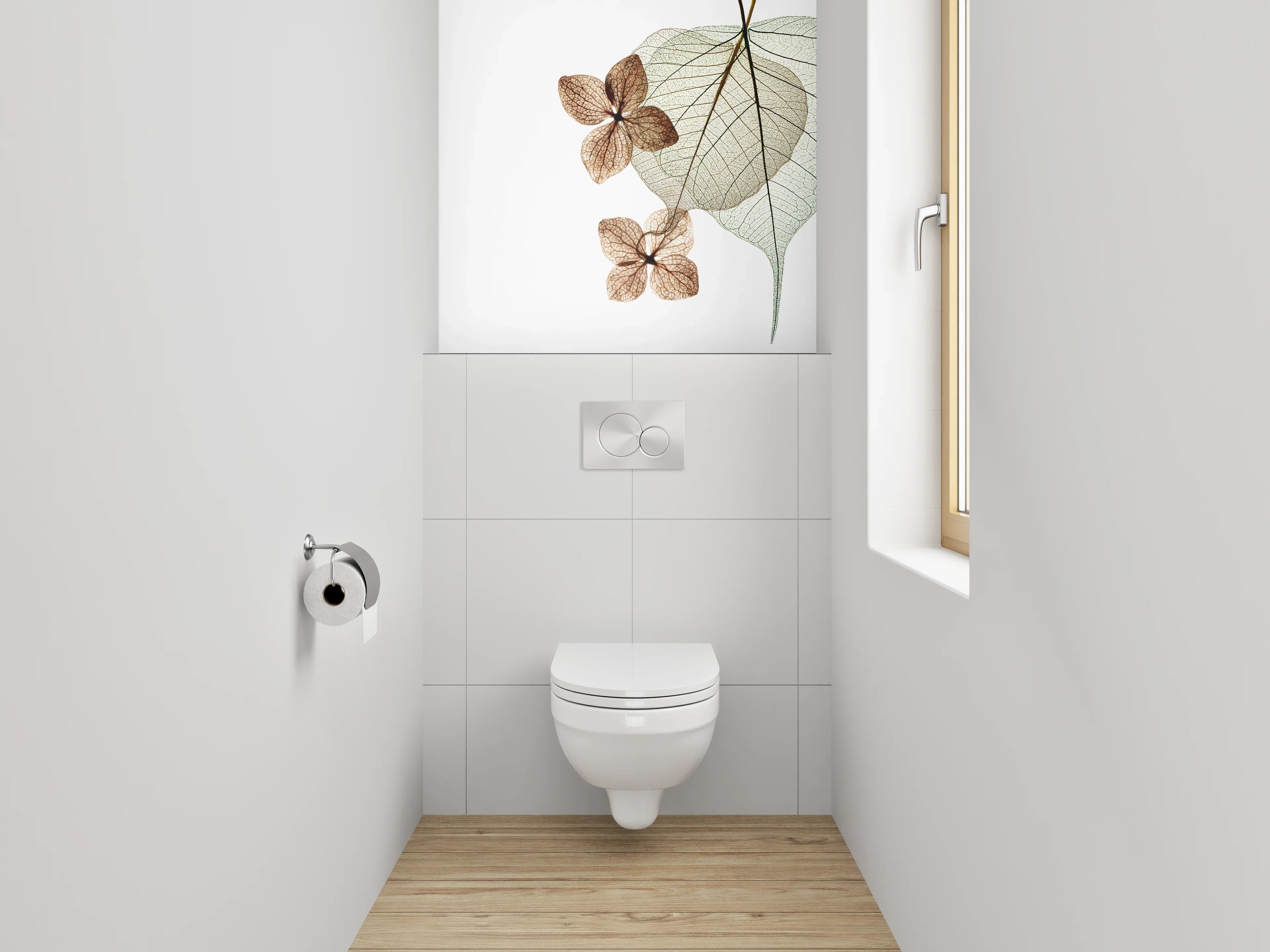 WC-Rückwand - Transparente Blätter auf Weiß