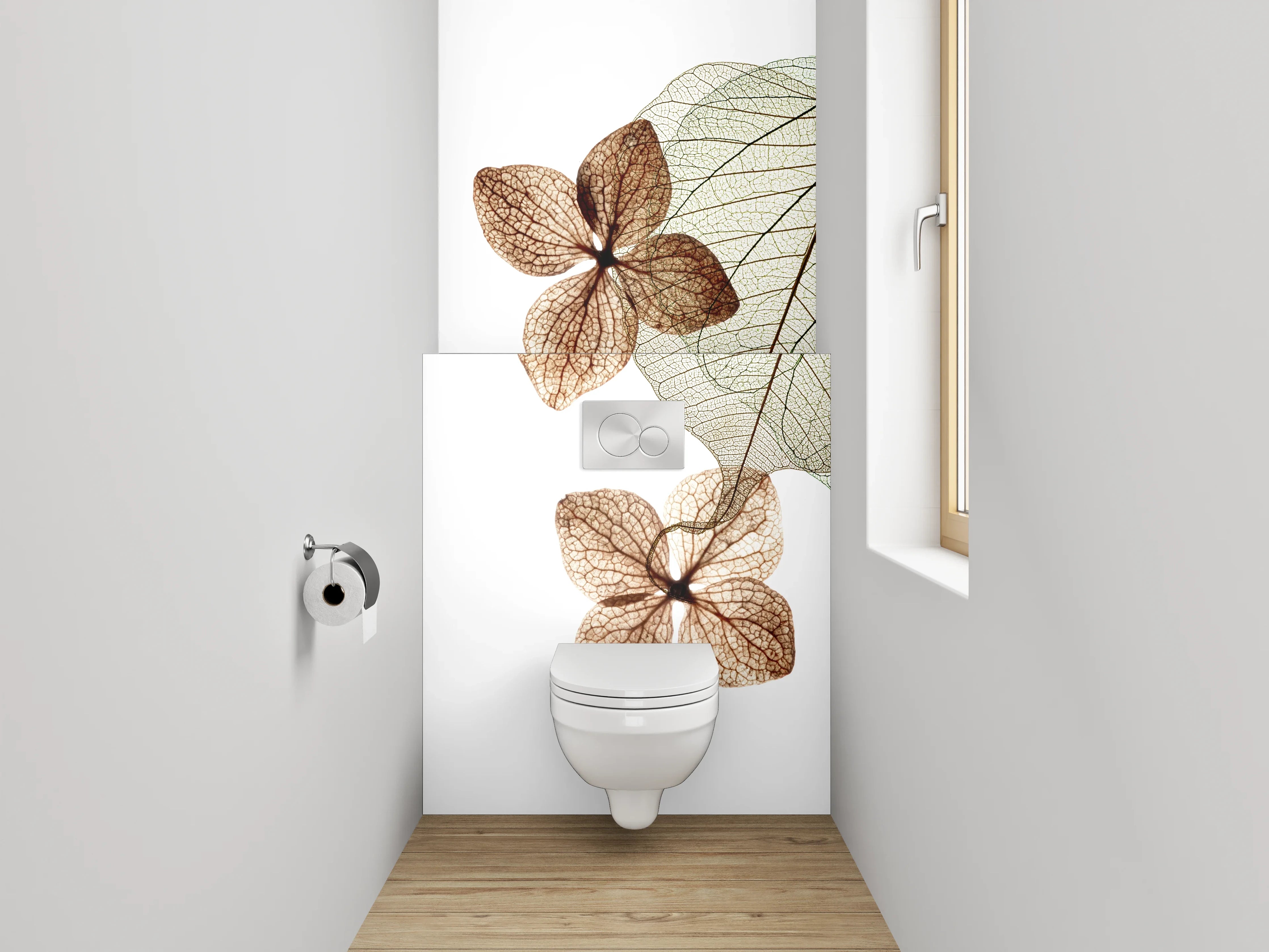WC-Rückwand - Transparente Blätter auf Weiß