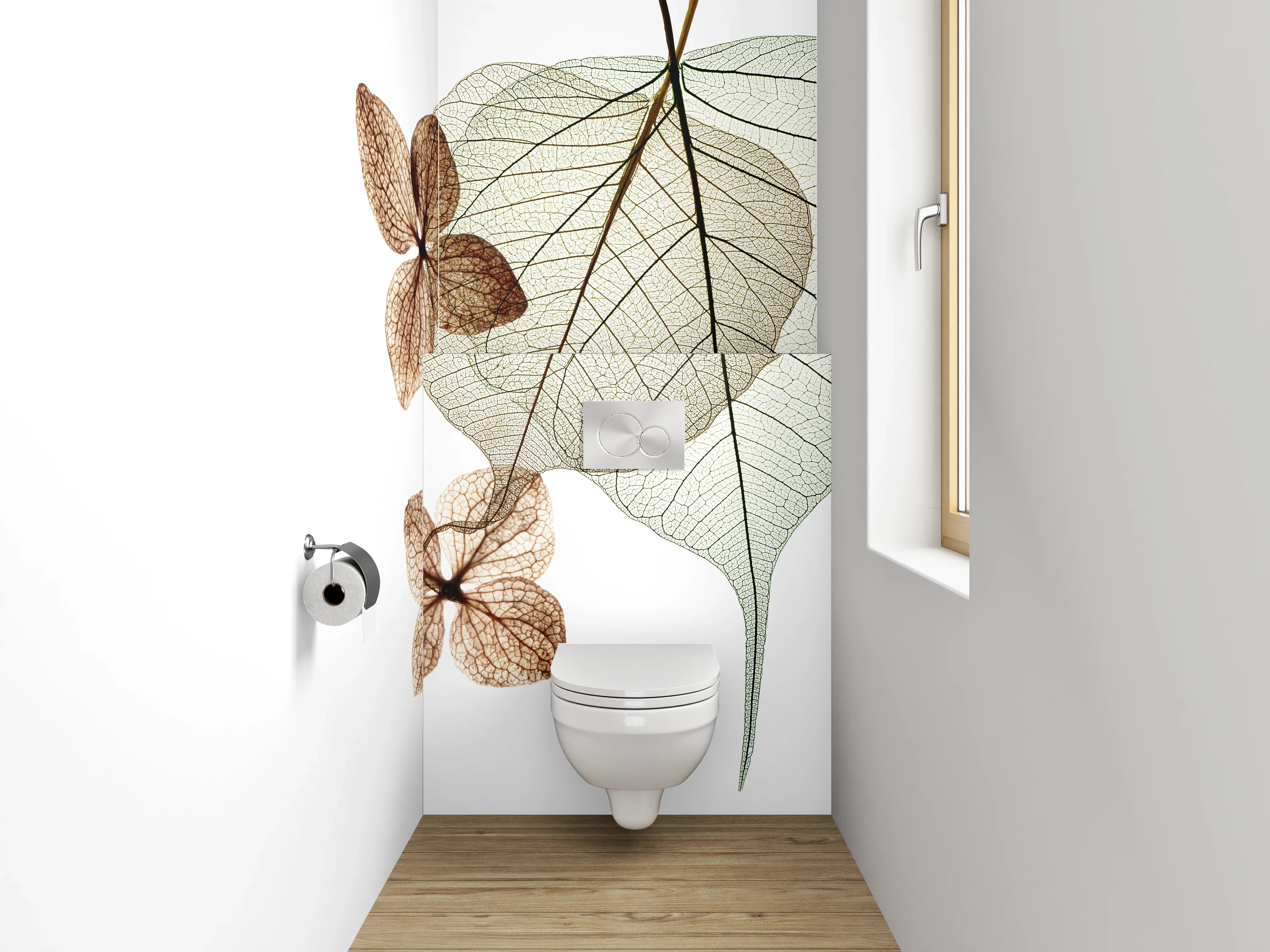 WC-Rückwand - Transparente Blätter auf Weiß