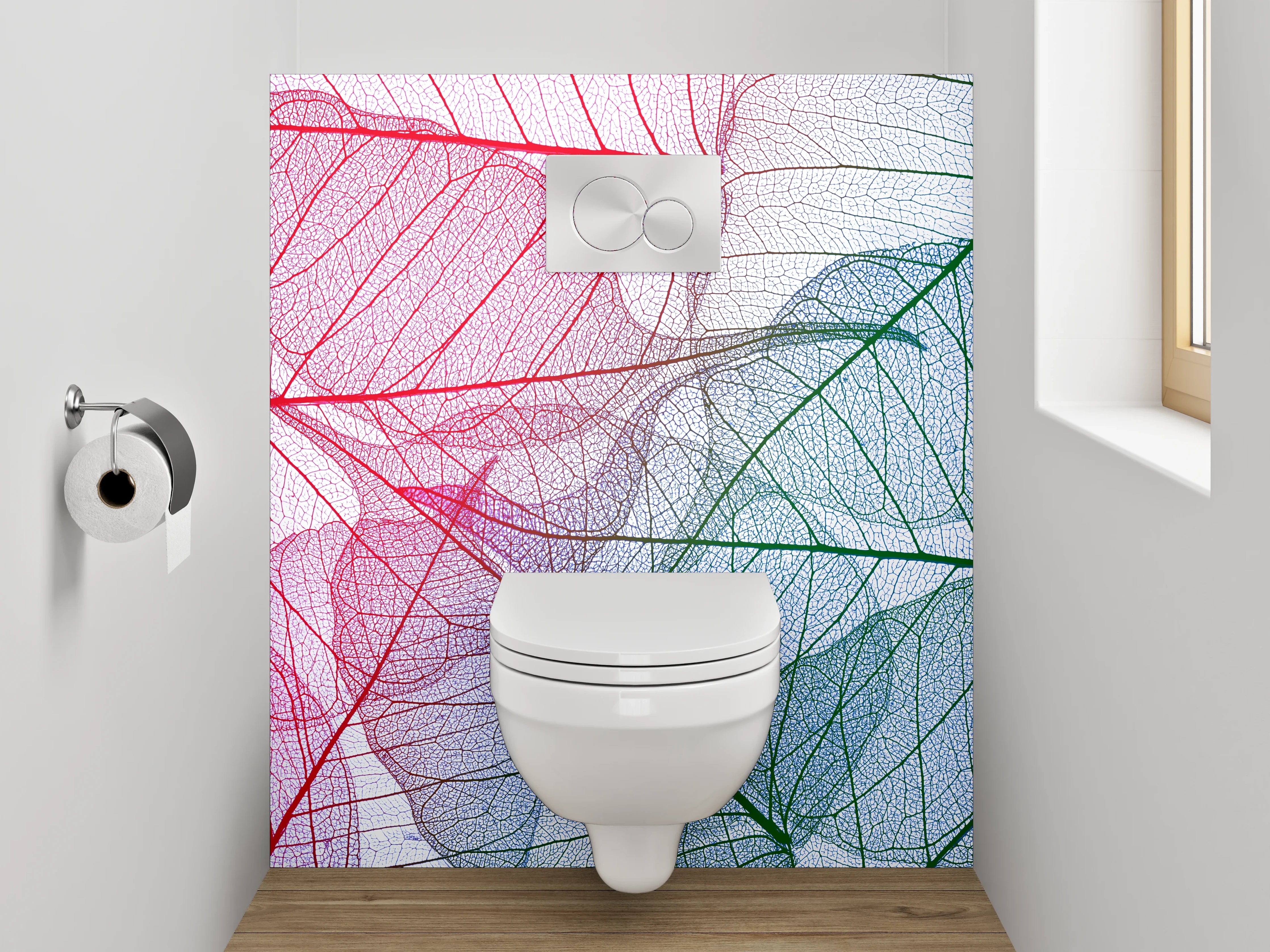 WC-Rückwand - Transparente filigrane Blätter Rot Grün Blau