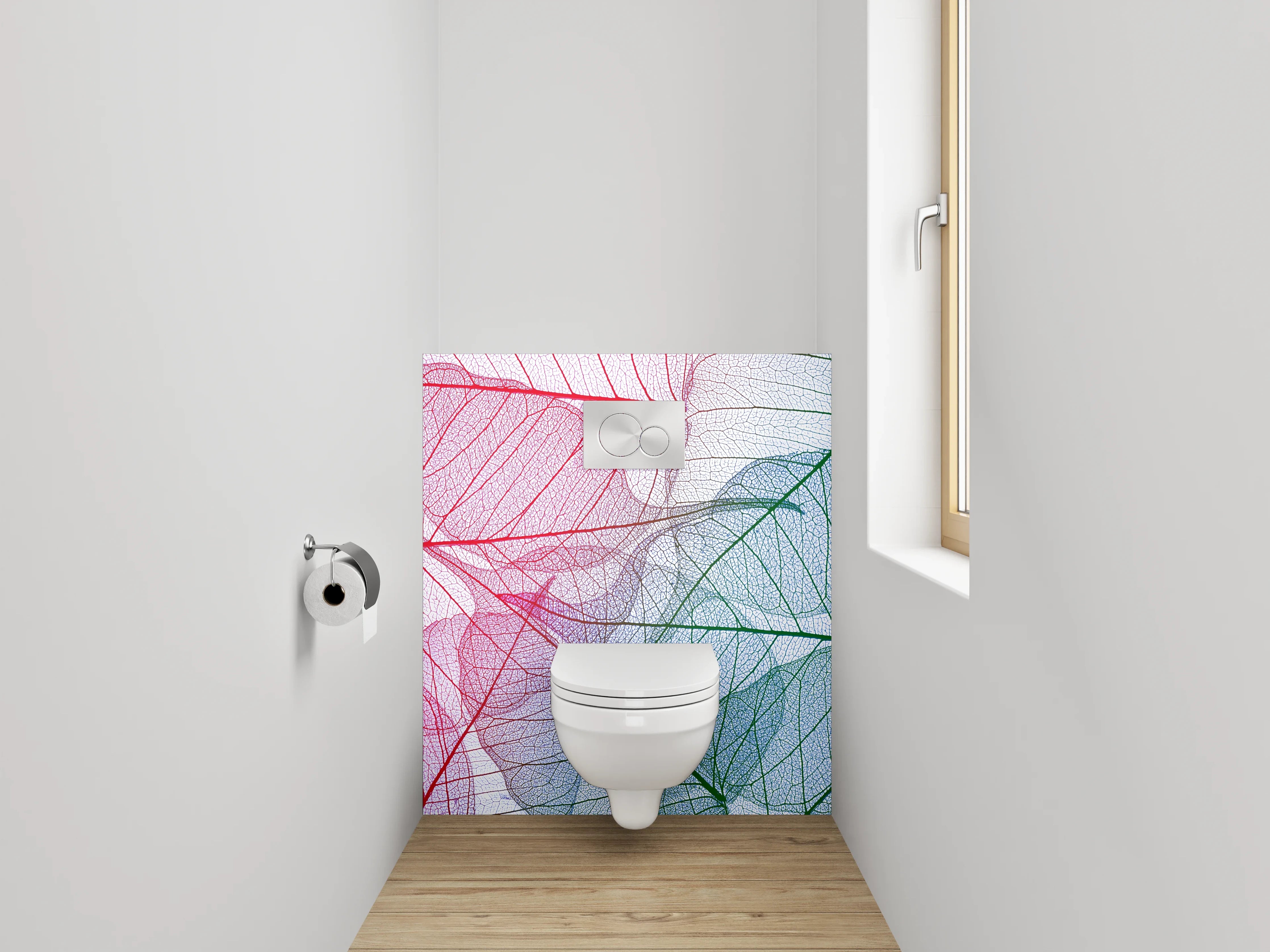 WC-Rückwand - Transparente filigrane Blätter Rot Grün Blau