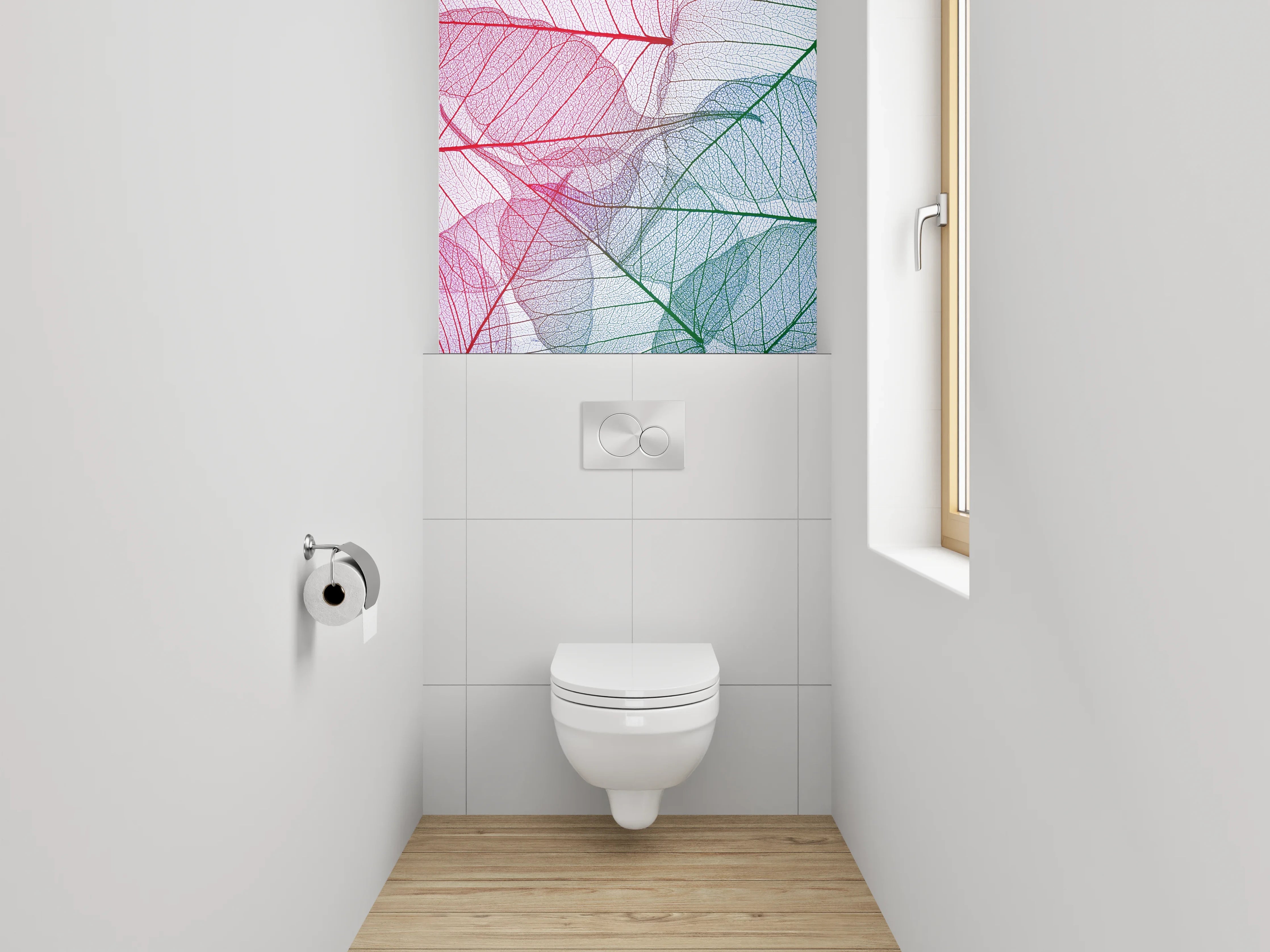 WC-Rückwand - Transparente filigrane Blätter Rot Grün Blau