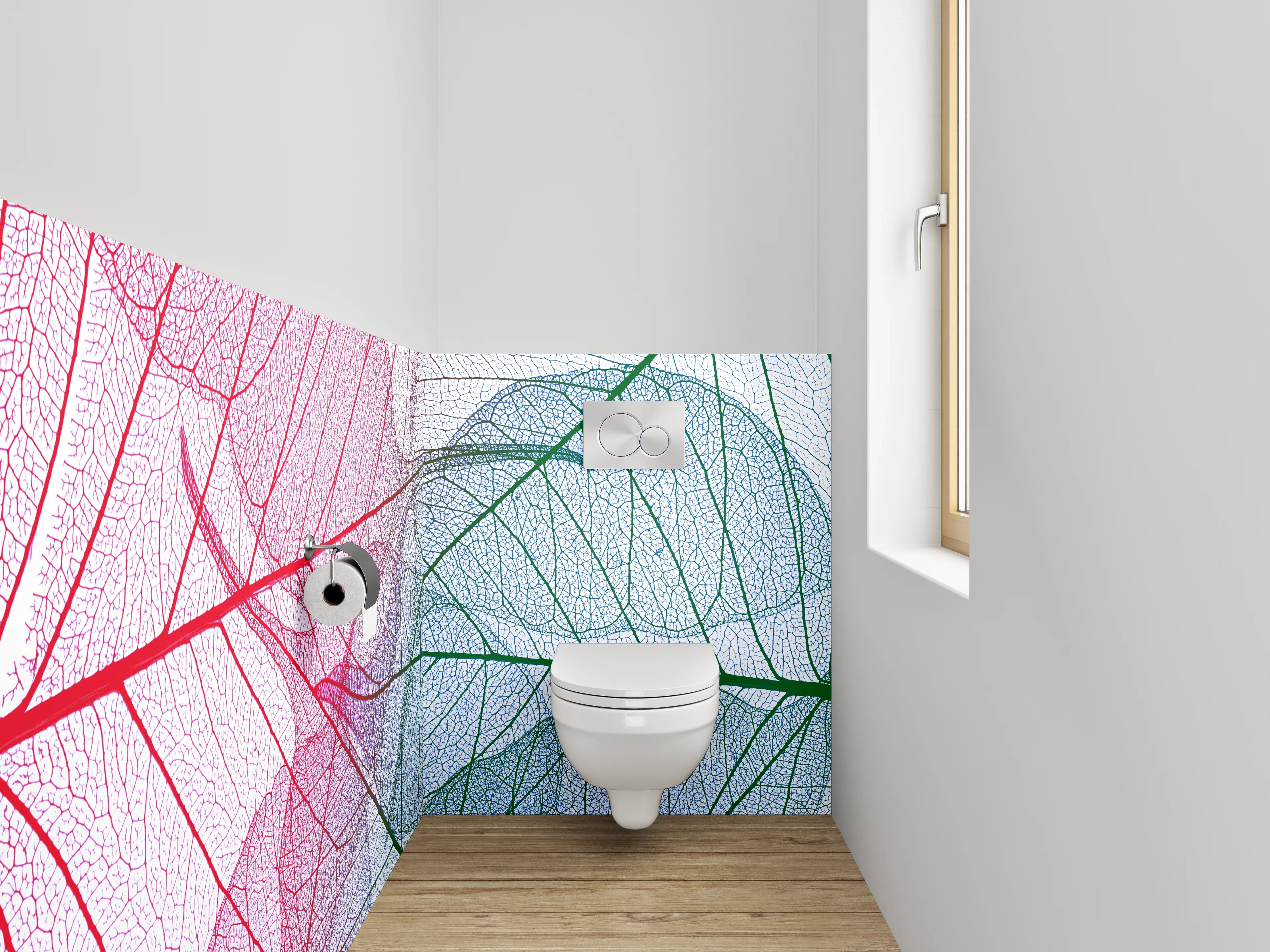WC-Rückwand - Transparente filigrane Blätter Rot Grün Blau