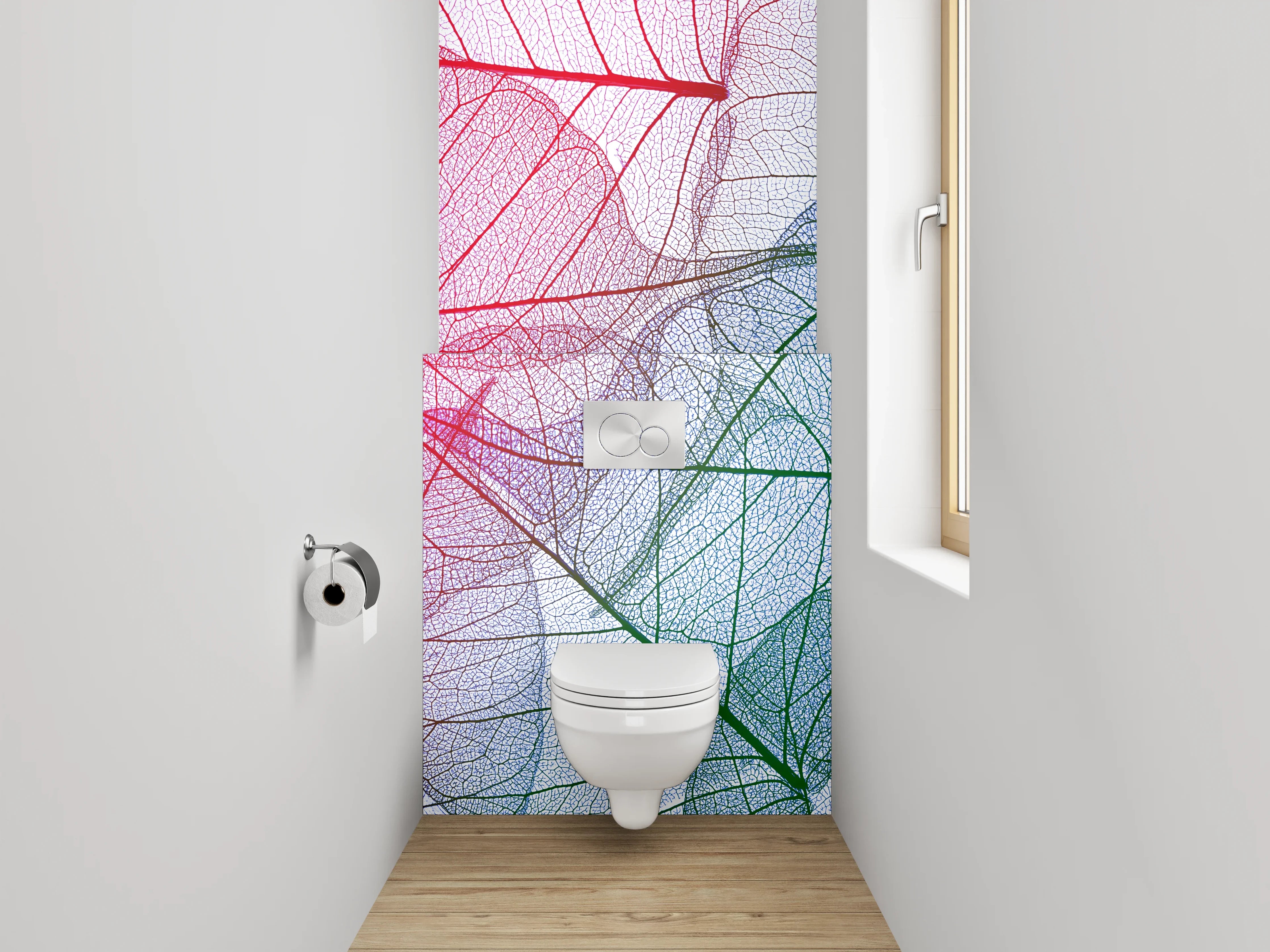 WC-Rückwand - Transparente filigrane Blätter Rot Grün Blau