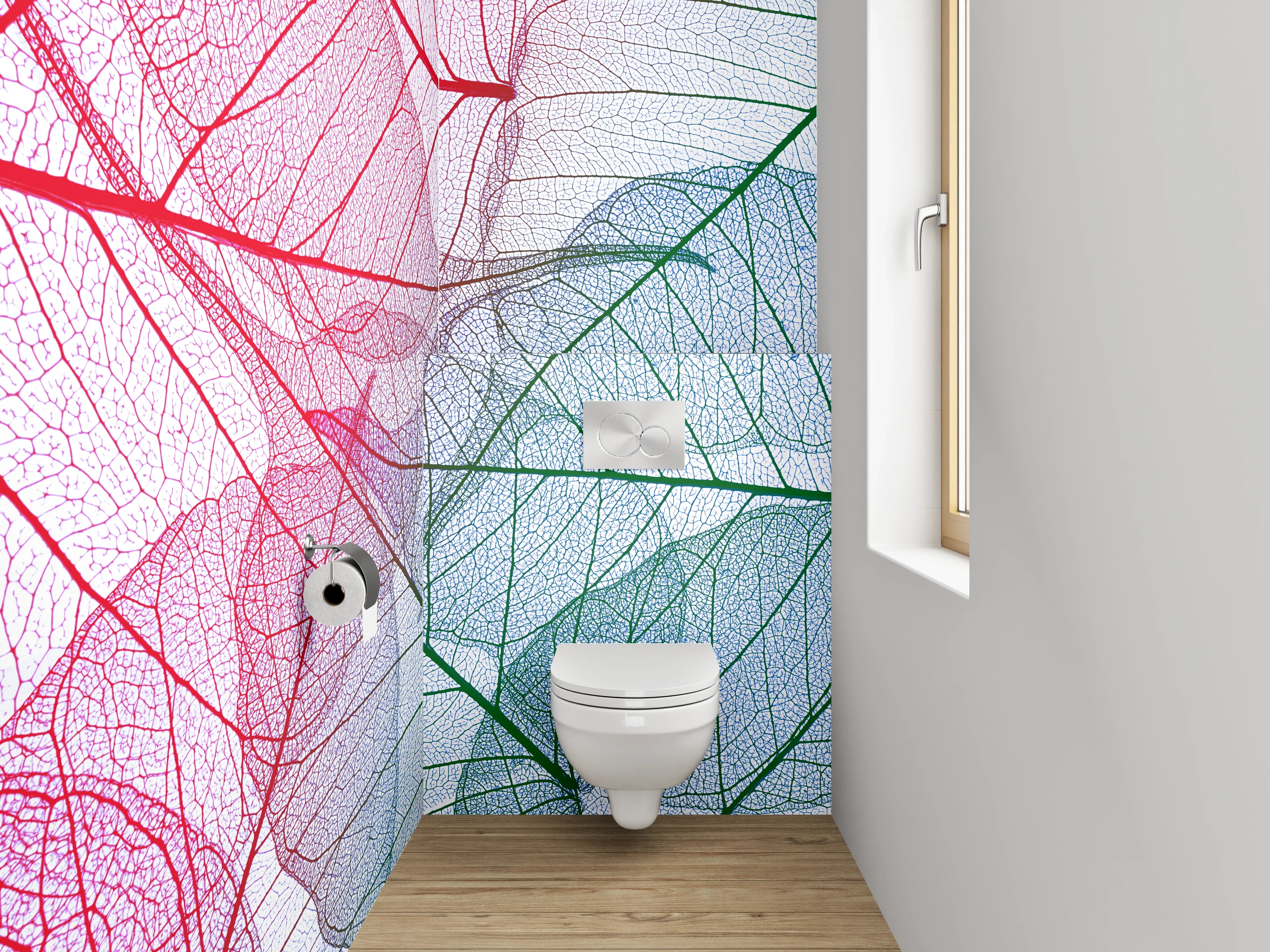 WC-Rückwand - Transparente filigrane Blätter Rot Grün Blau