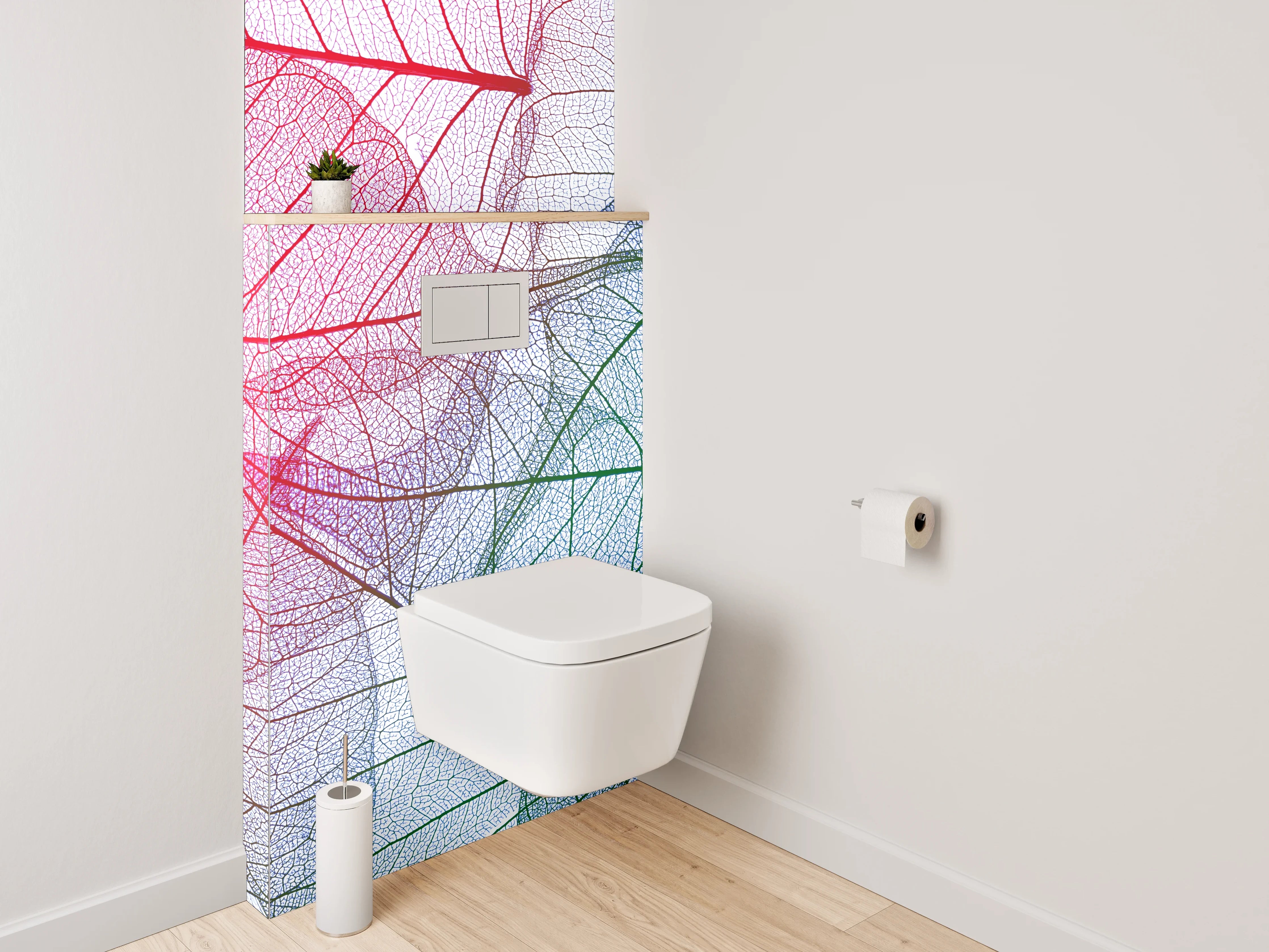 WC-Rückwand - Transparente filigrane Blätter Rot Grün Blau