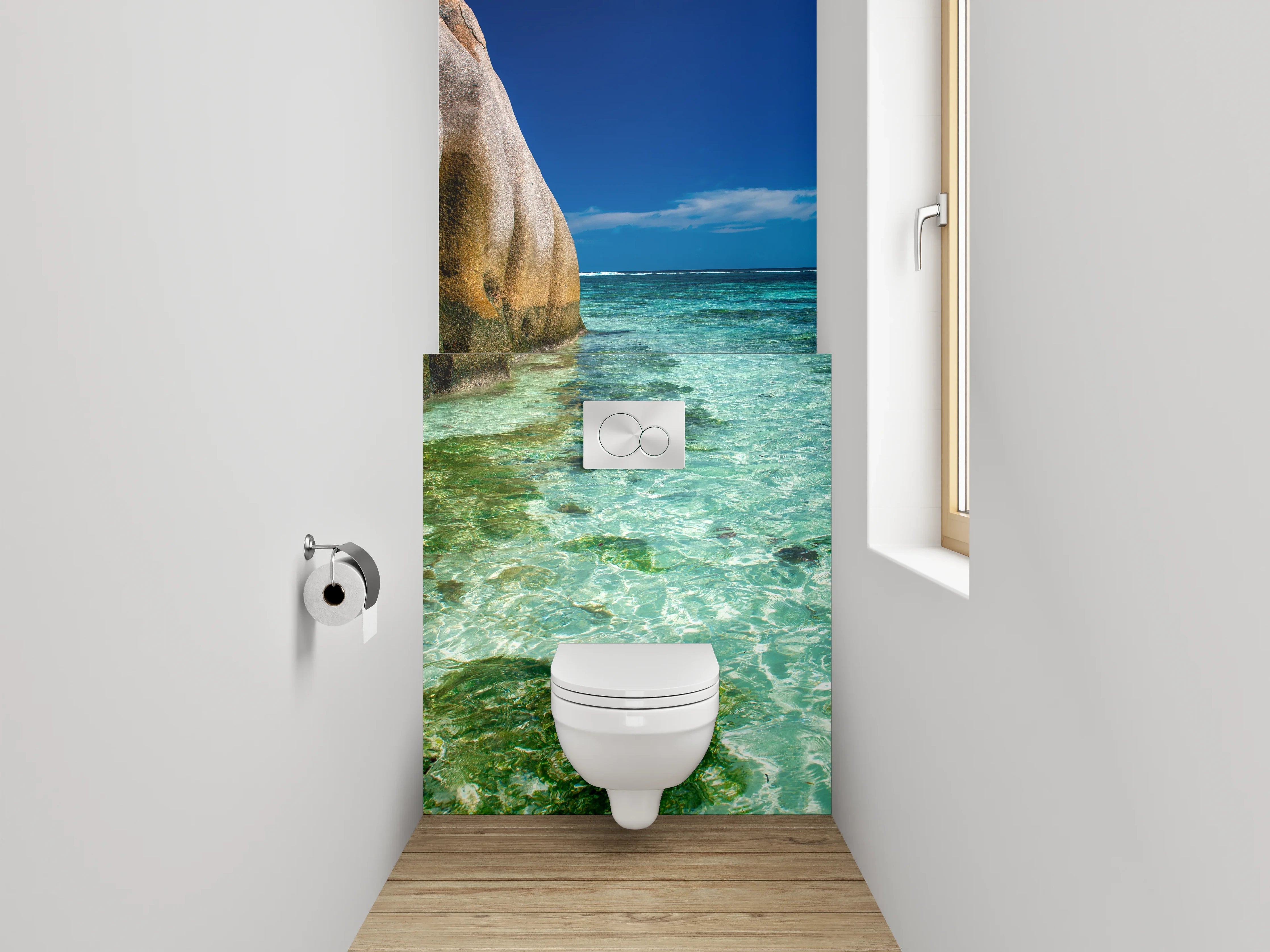 WC-Rückwand - Traumhafte Strandlandschaft mit Felsen