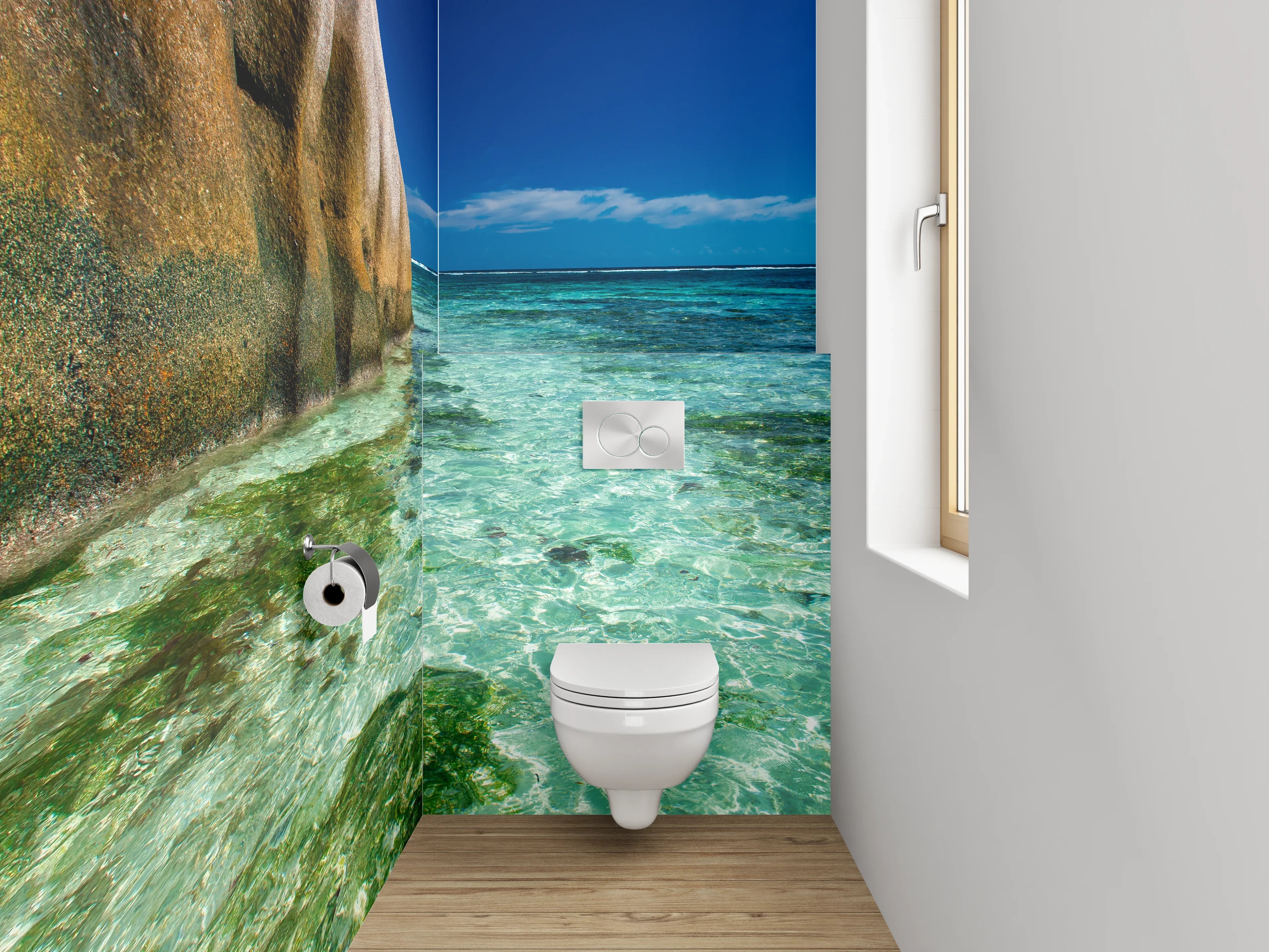 WC-Rückwand - Traumhafte Strandlandschaft mit Felsen