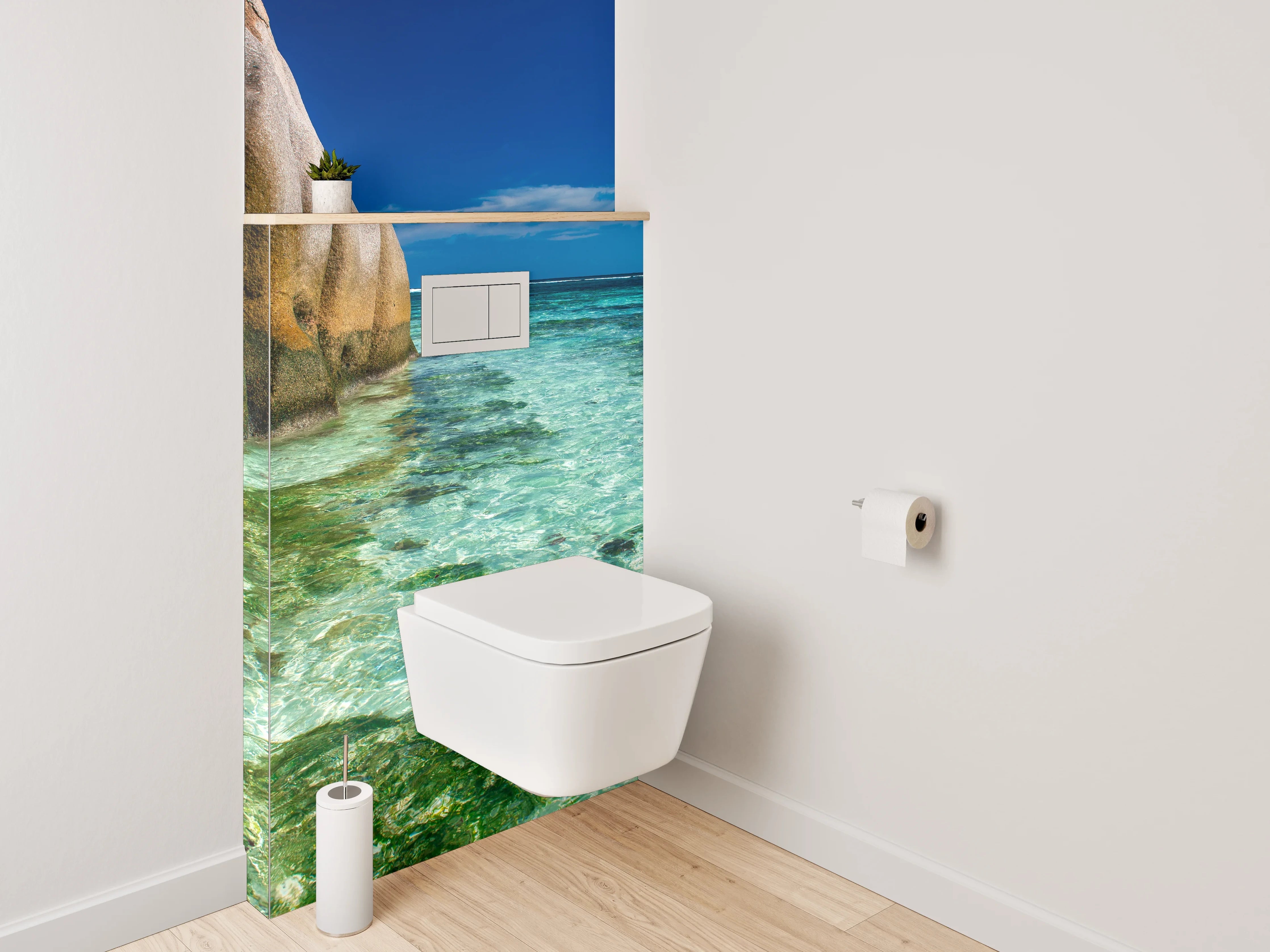 WC-Rückwand - Traumhafte Strandlandschaft mit Felsen
