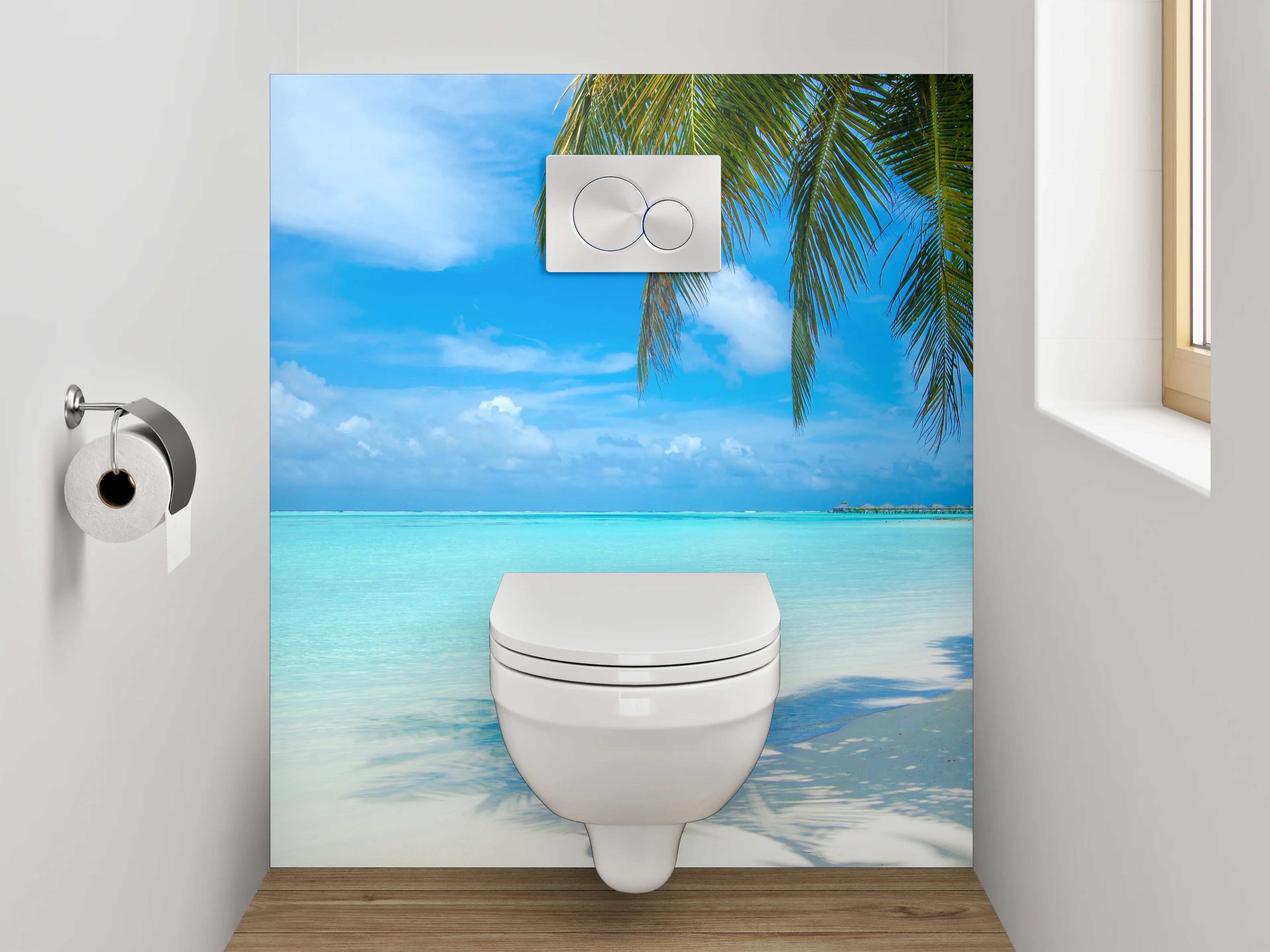 WC-Rückwand - Traumhafter Karibikstrand – Türkis & Palmen