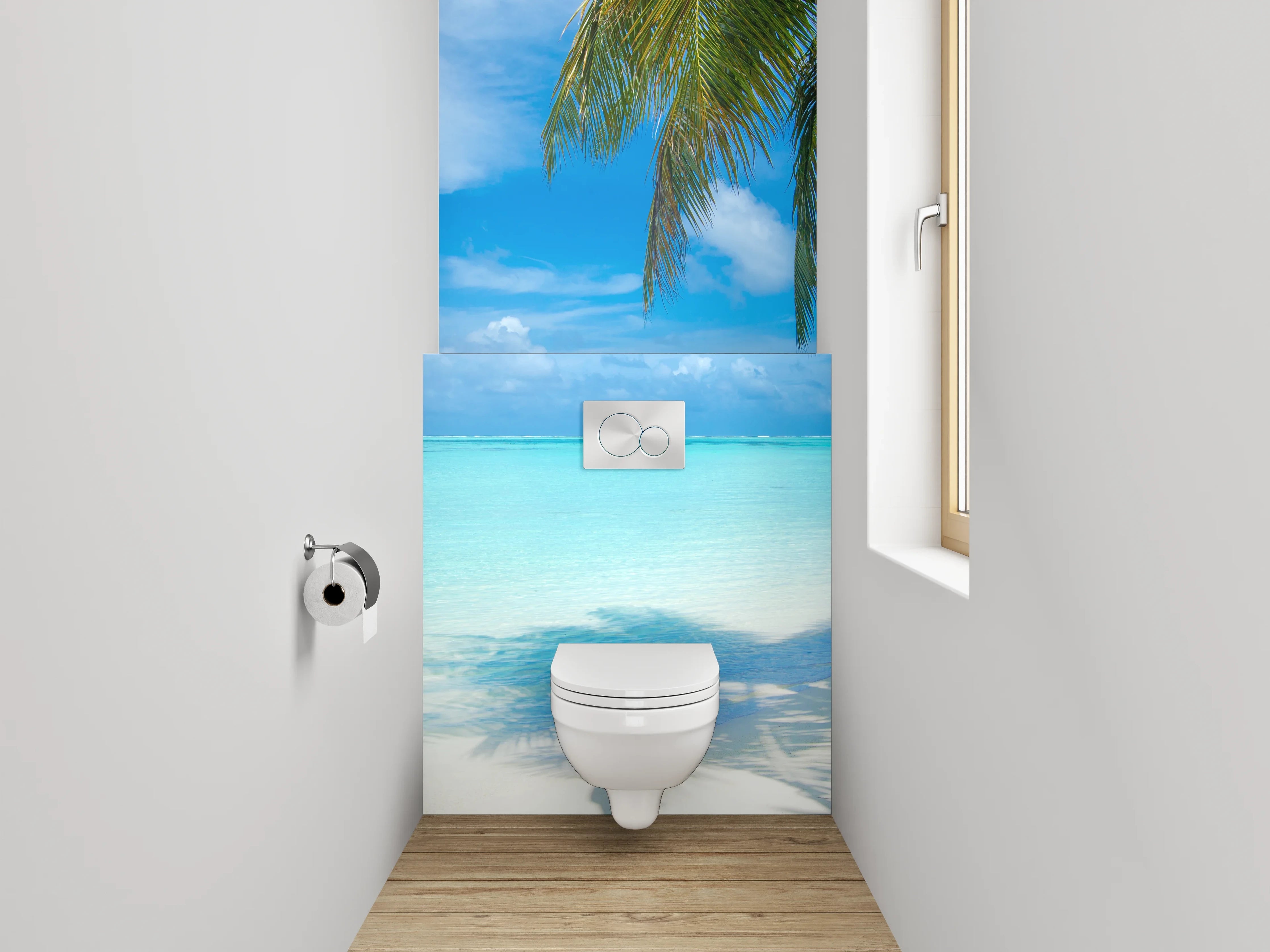 WC-Rückwand - Traumhafter Karibikstrand – Türkis & Palmen