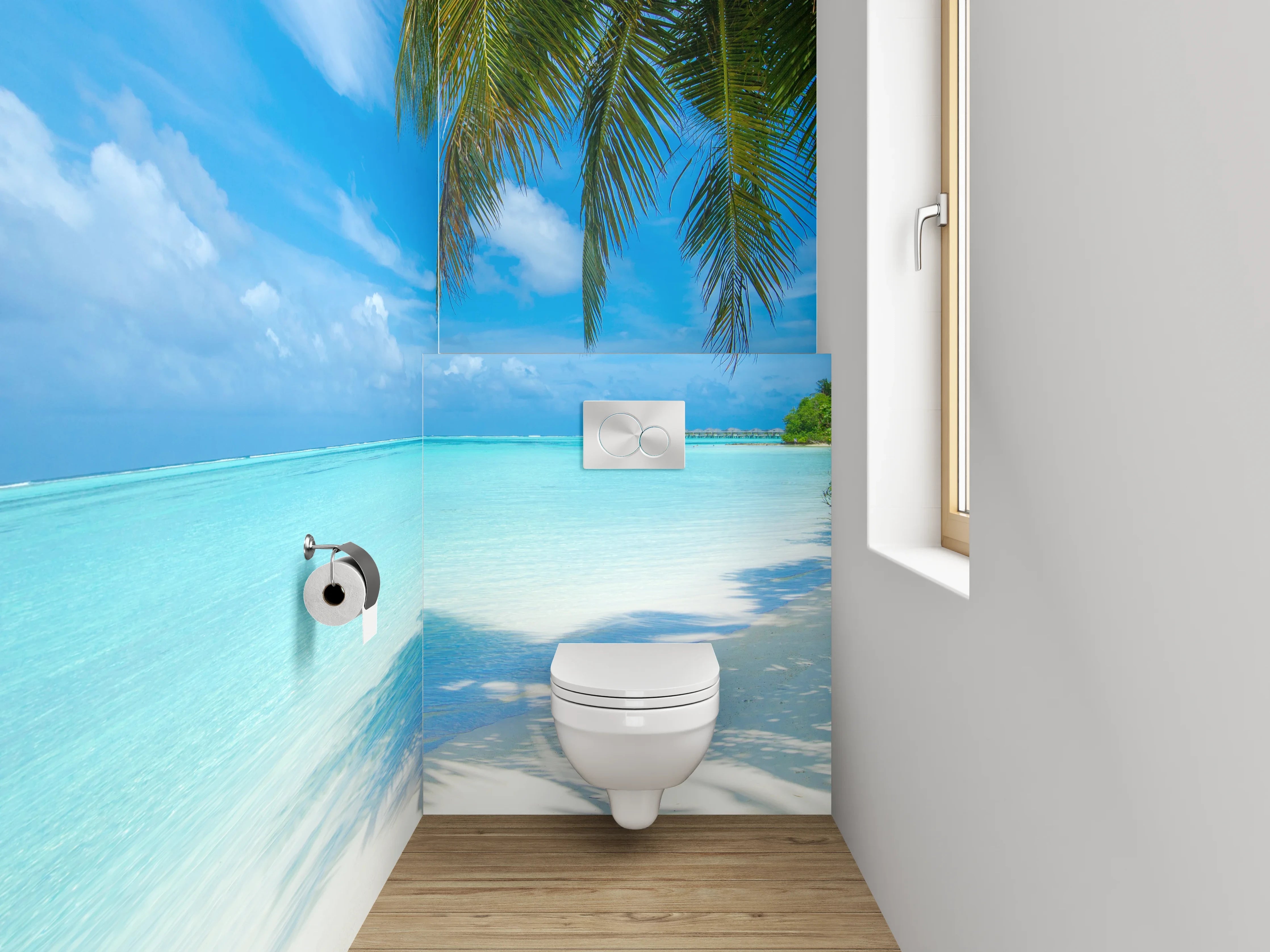 WC-Rückwand - Traumhafter Karibikstrand – Türkis & Palmen