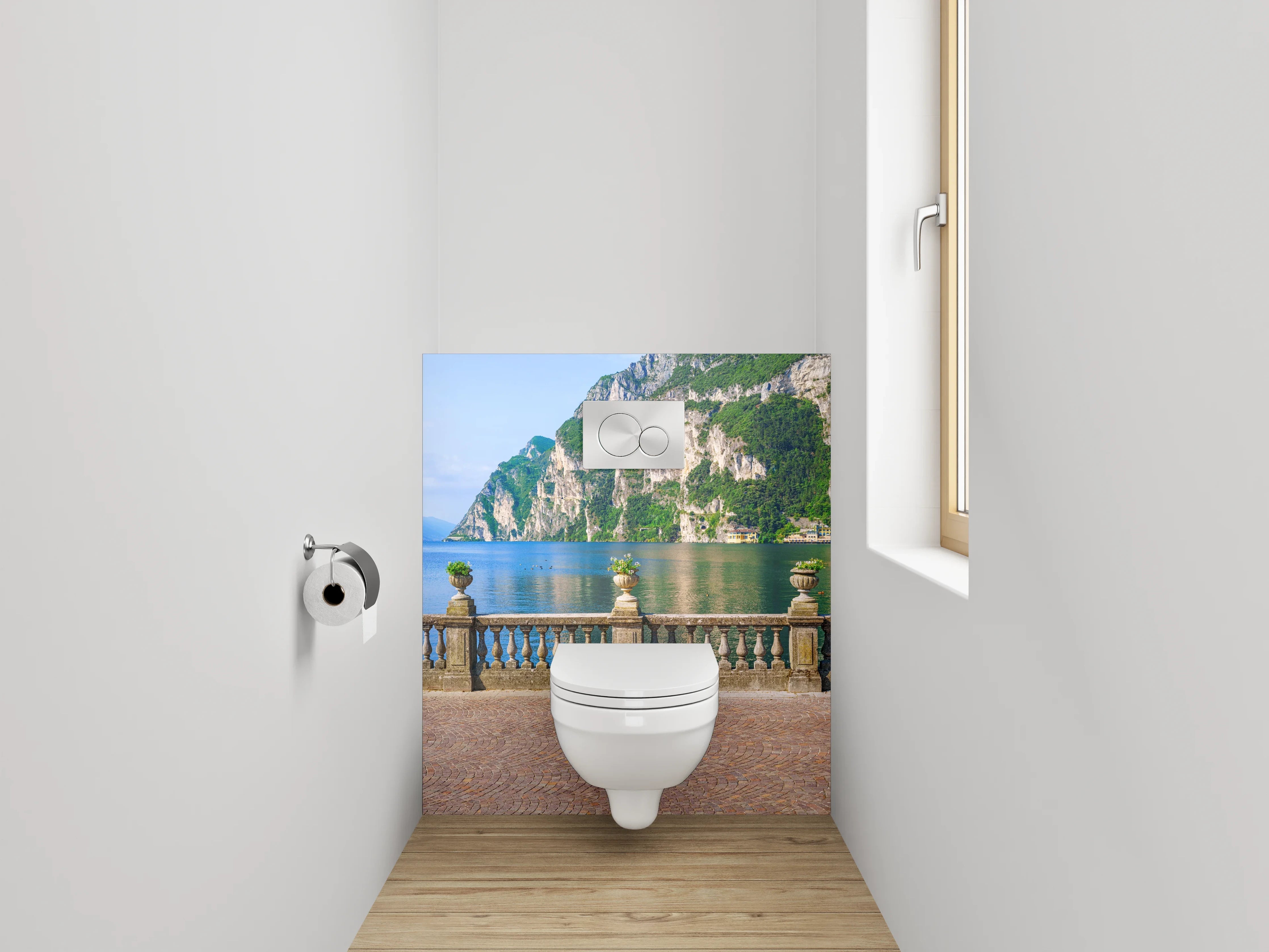 WC-Rückwand - Traumhafter Seeblick mit Bergkulisse
