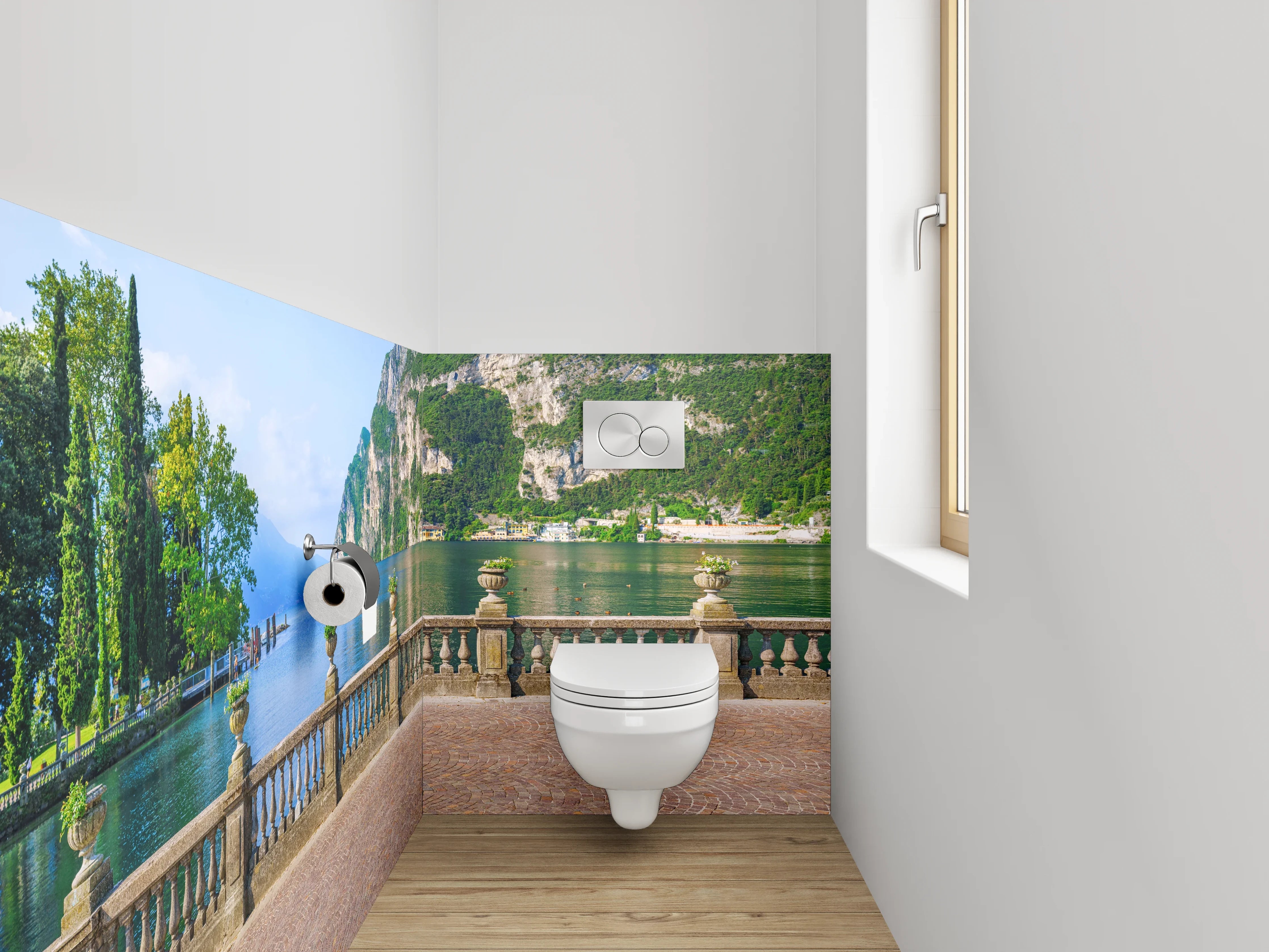 WC-Rückwand - Traumhafter Seeblick mit Bergkulisse