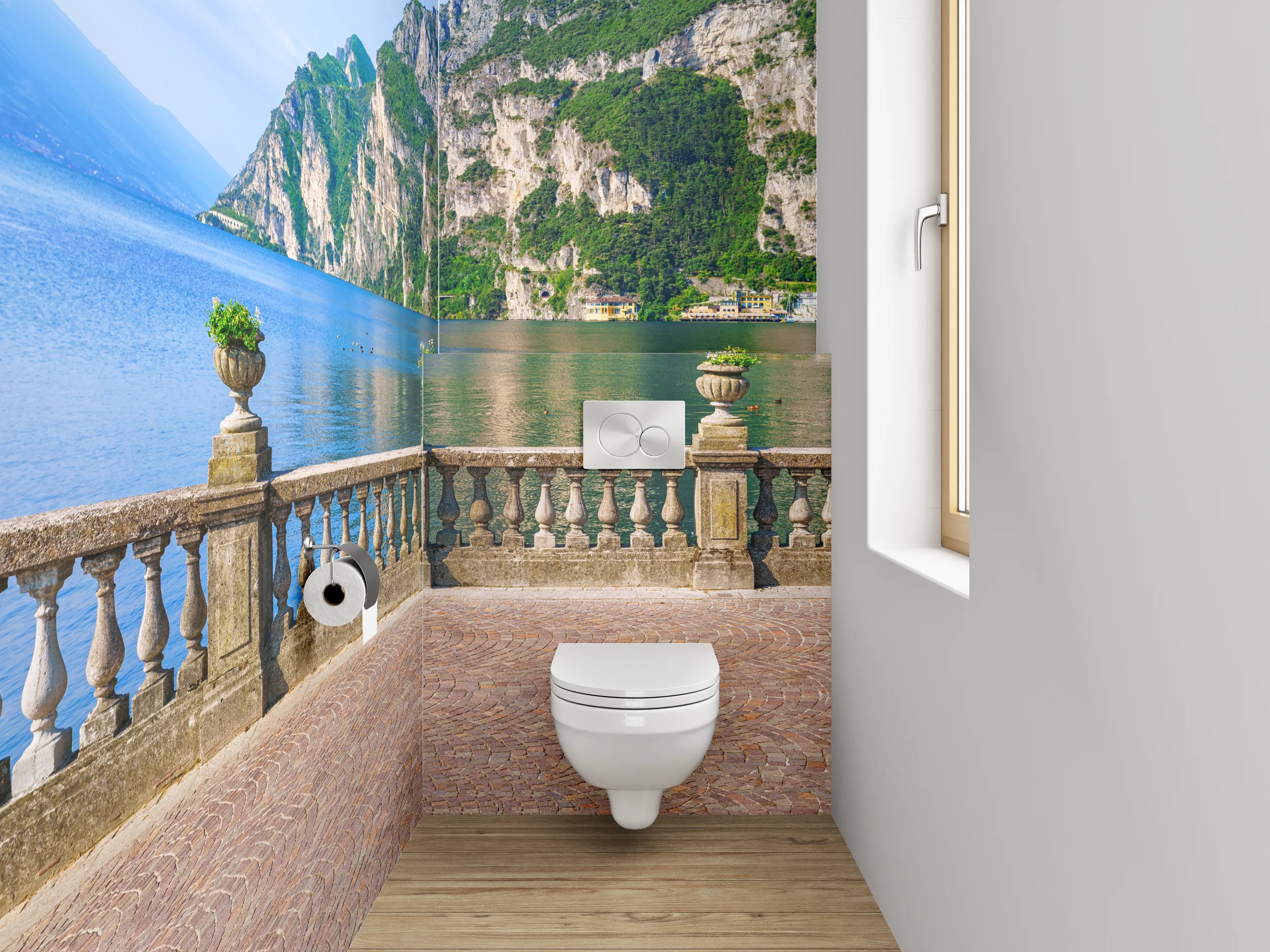 WC-Rückwand - Traumhafter Seeblick mit Bergkulisse