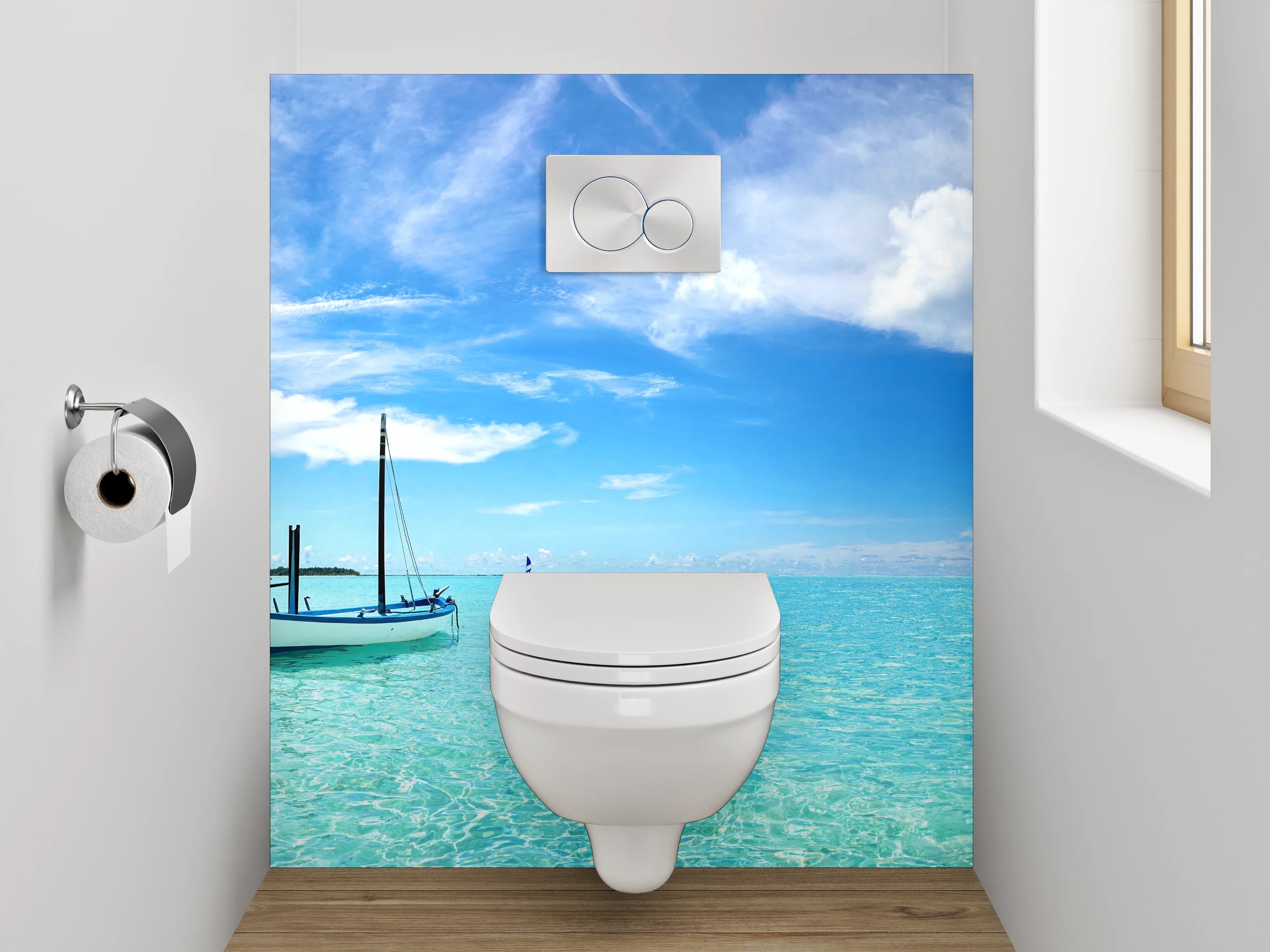 WC-Rückwand - Traumhafter Strand mit Boot