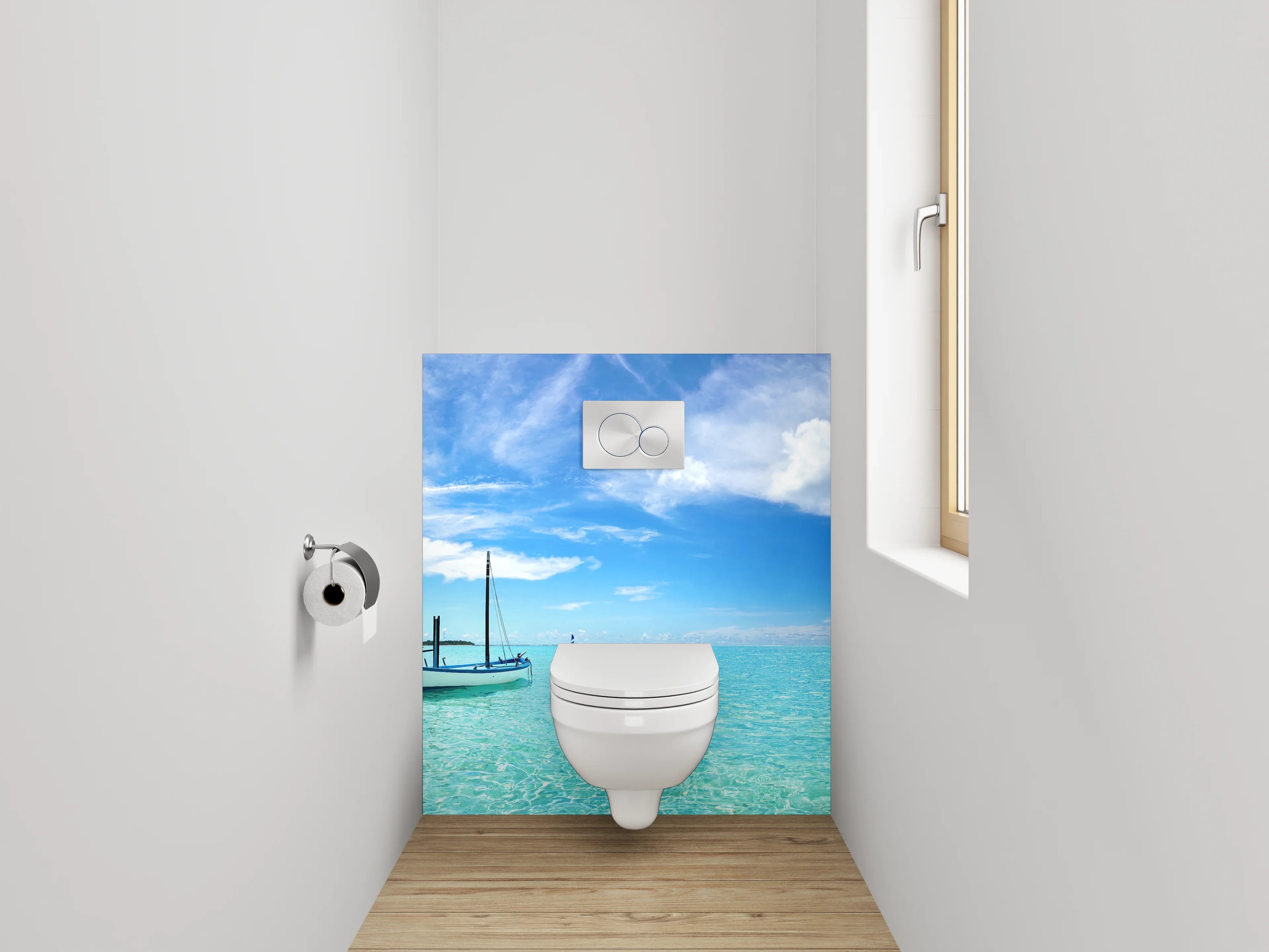WC-Rückwand - Traumhafter Strand mit Boot
