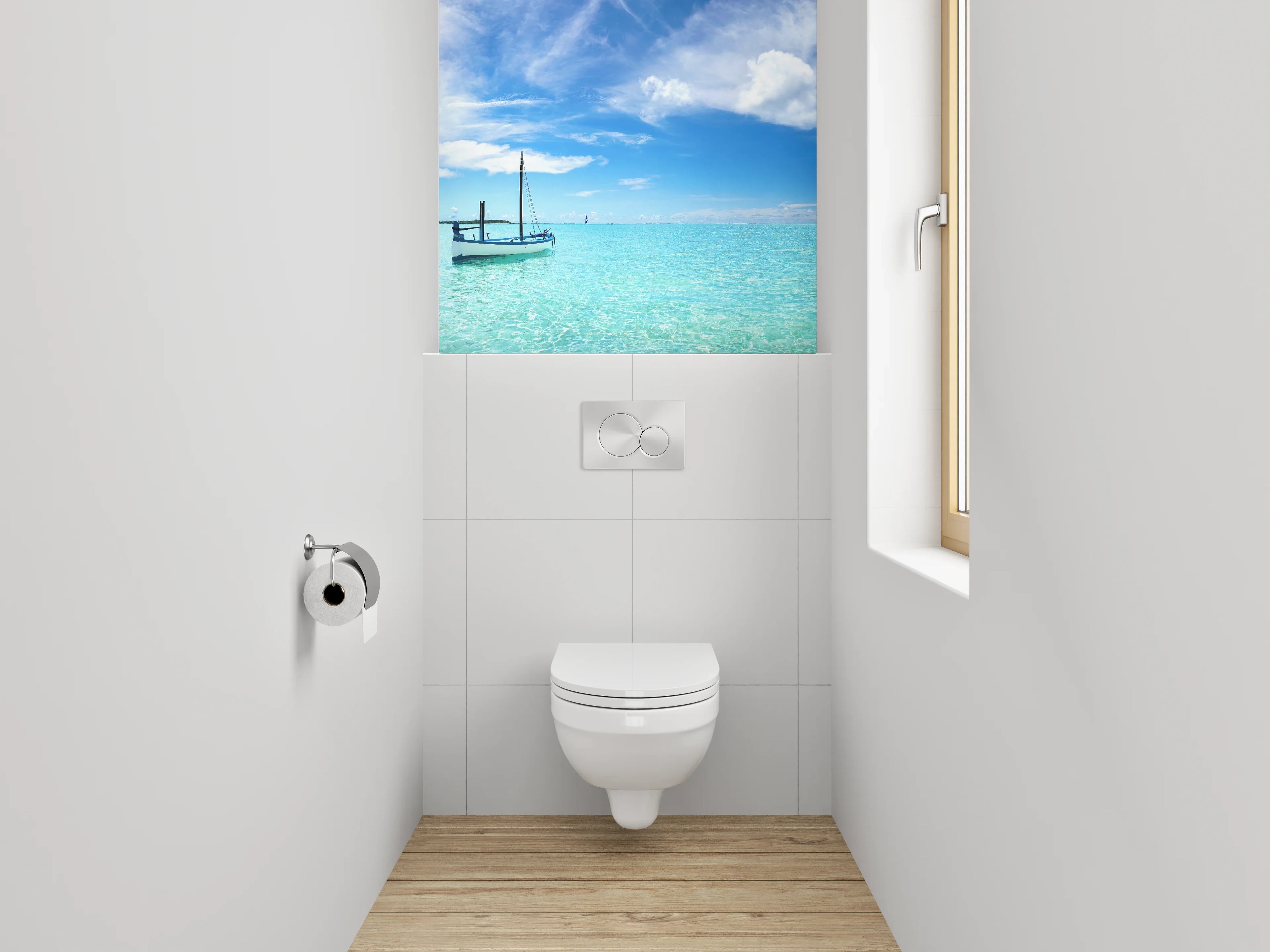 WC-Rückwand - Traumhafter Strand mit Boot