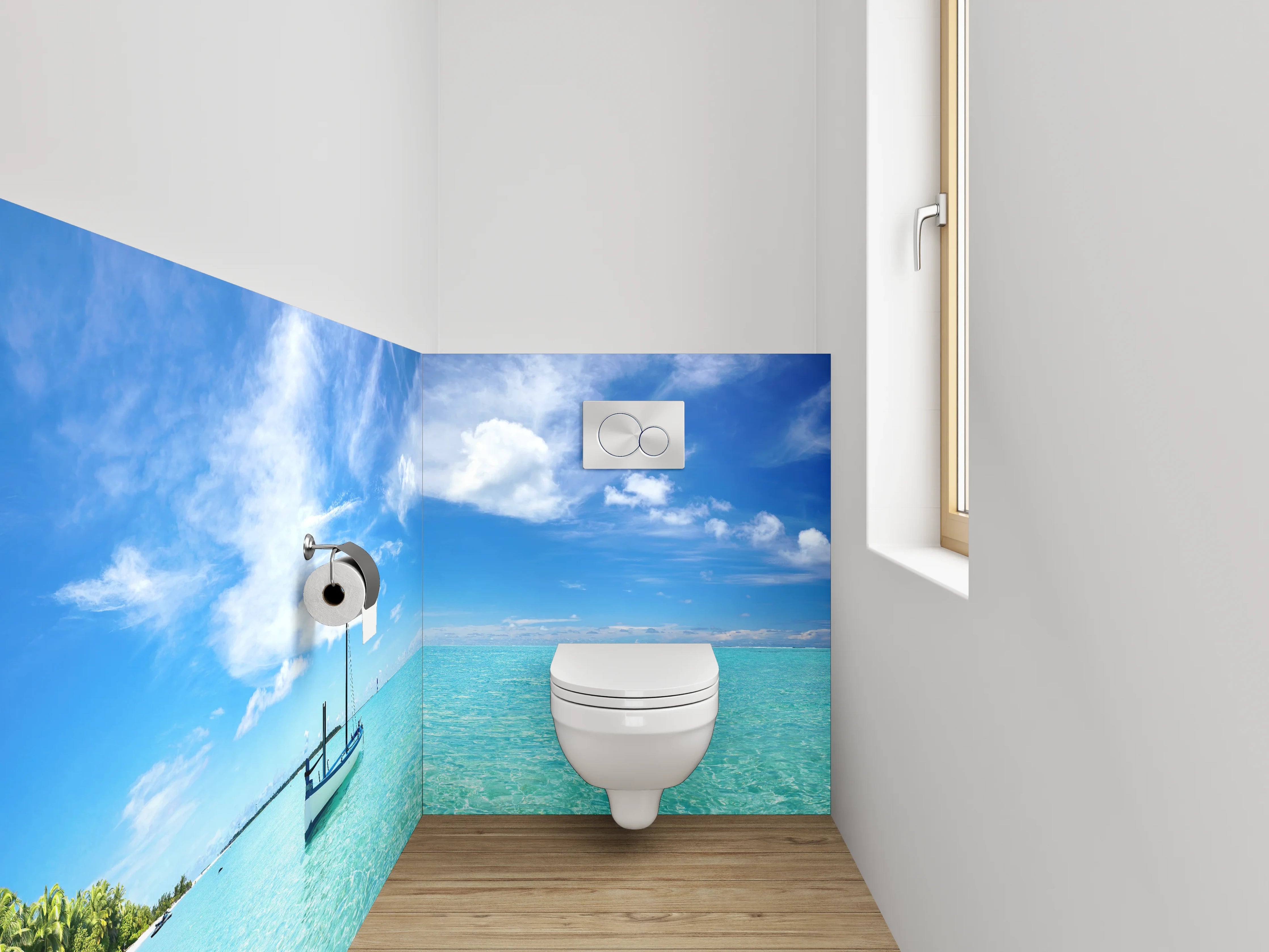 WC-Rückwand - Traumhafter Strand mit Boot