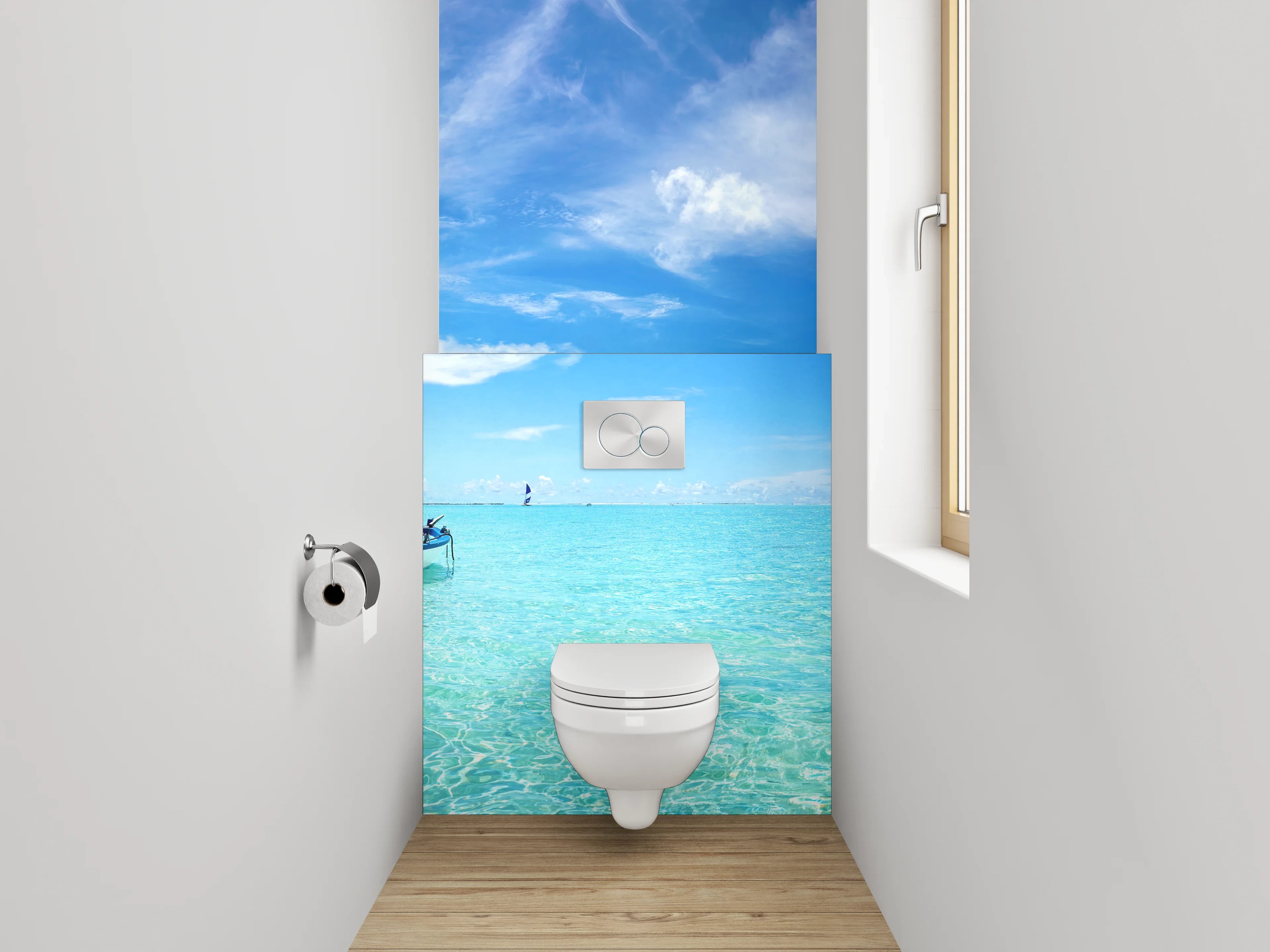 WC-Rückwand - Traumhafter Strand mit Boot
