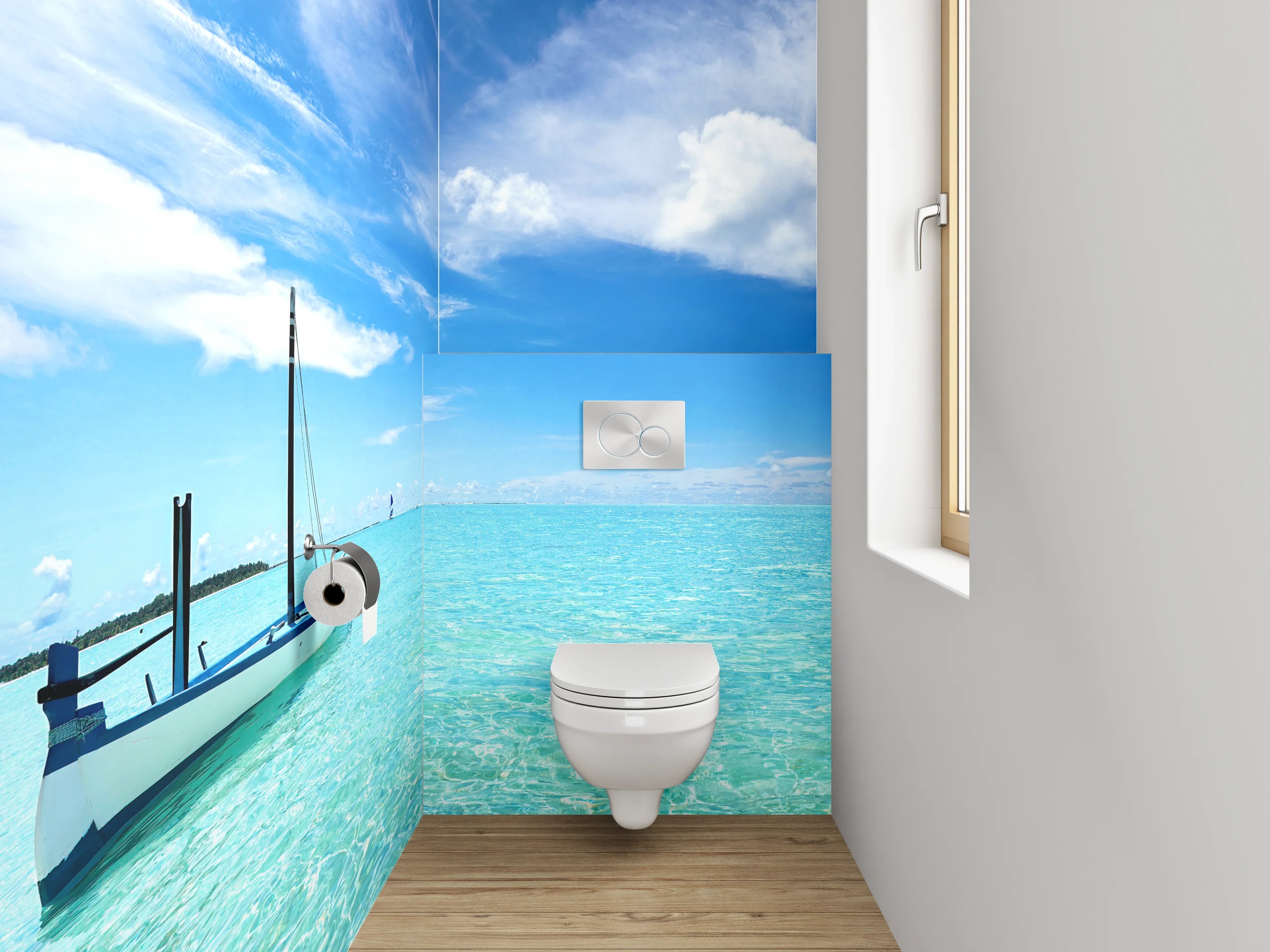 WC-Rückwand - Traumhafter Strand mit Boot
