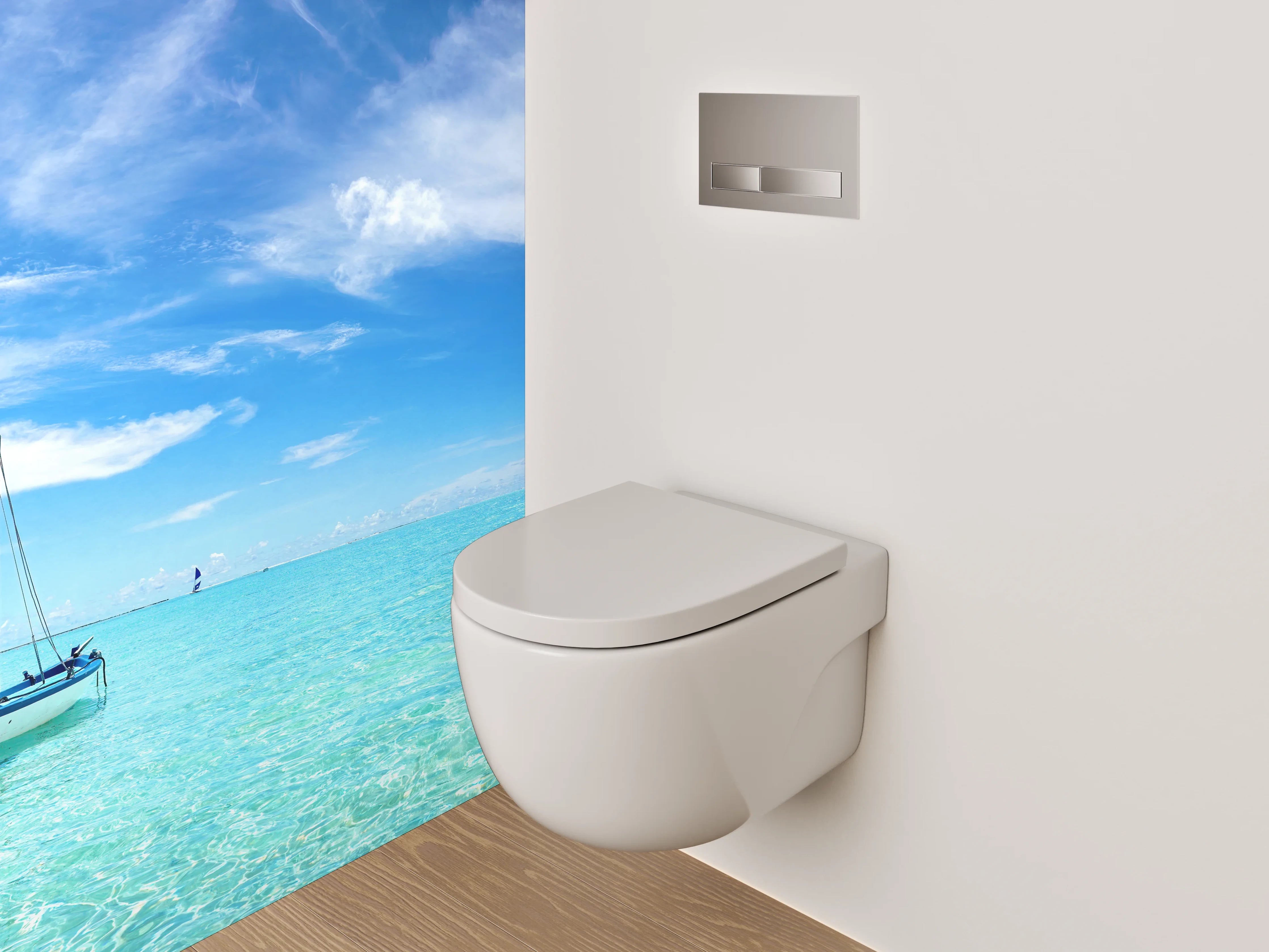 WC-Rückwand - Traumhafter Strand mit Boot