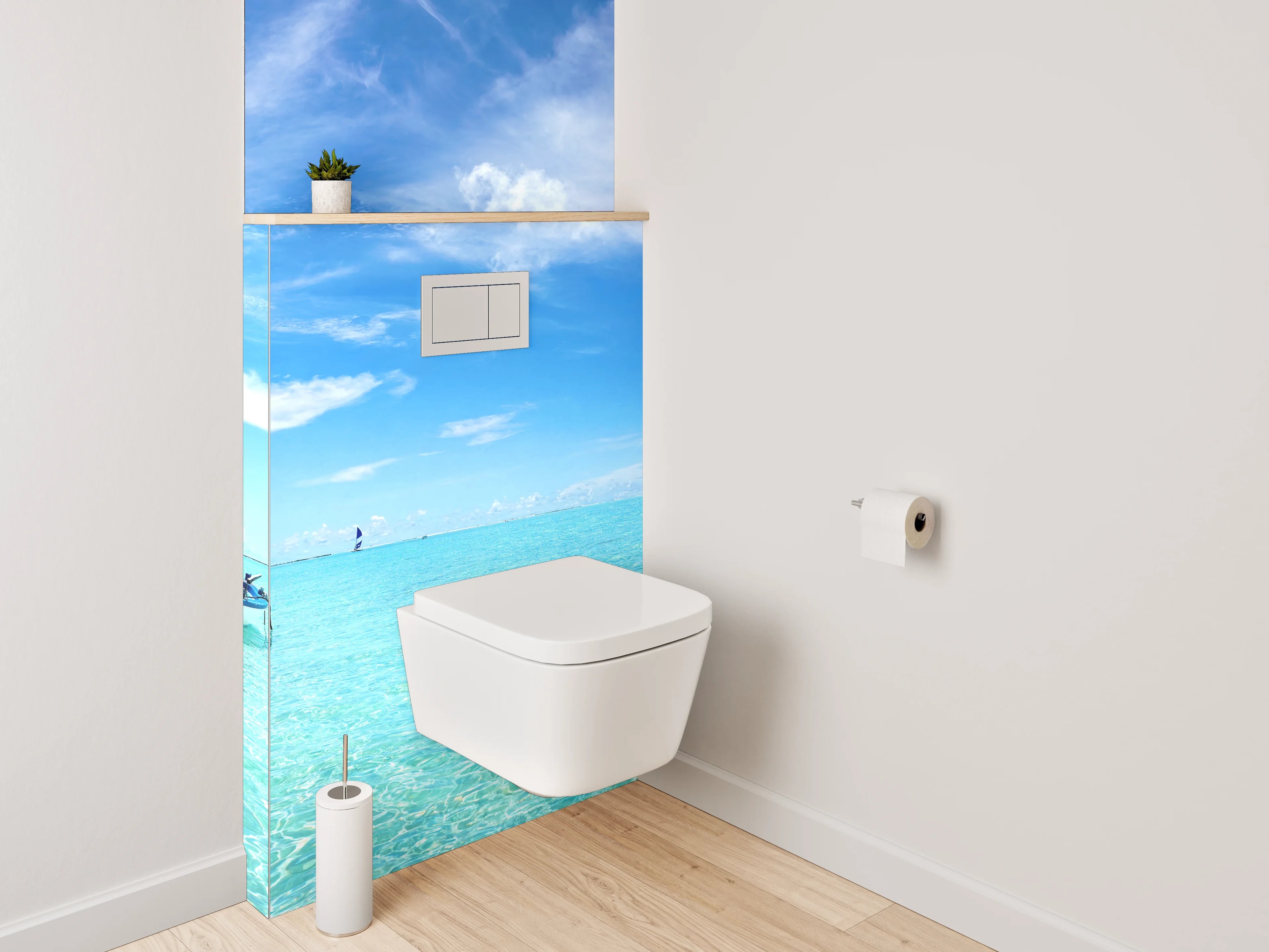 WC-Rückwand - Traumhafter Strand mit Boot