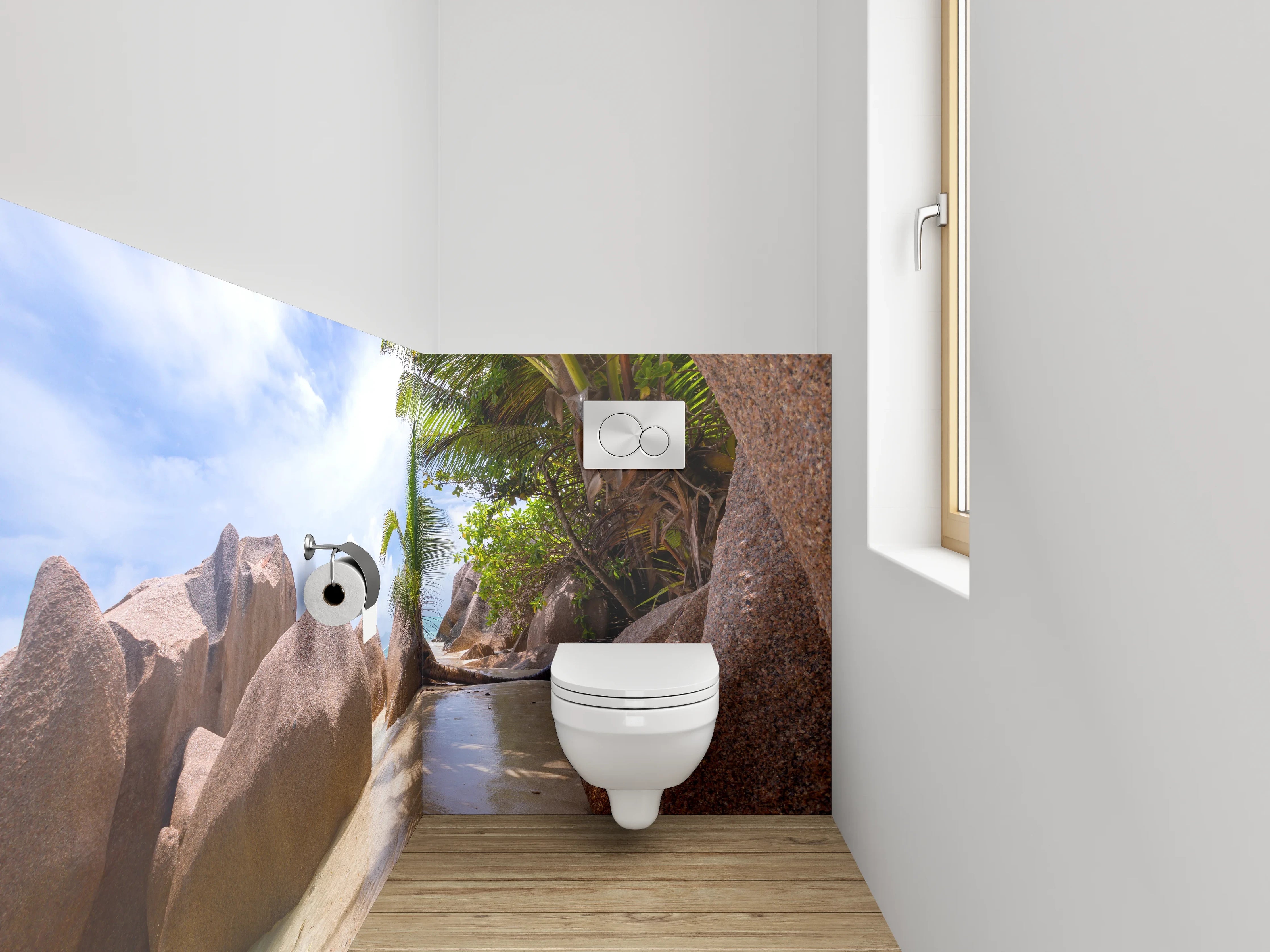 WC-Rückwand - Traumhafter Strand mit Granitfelsen