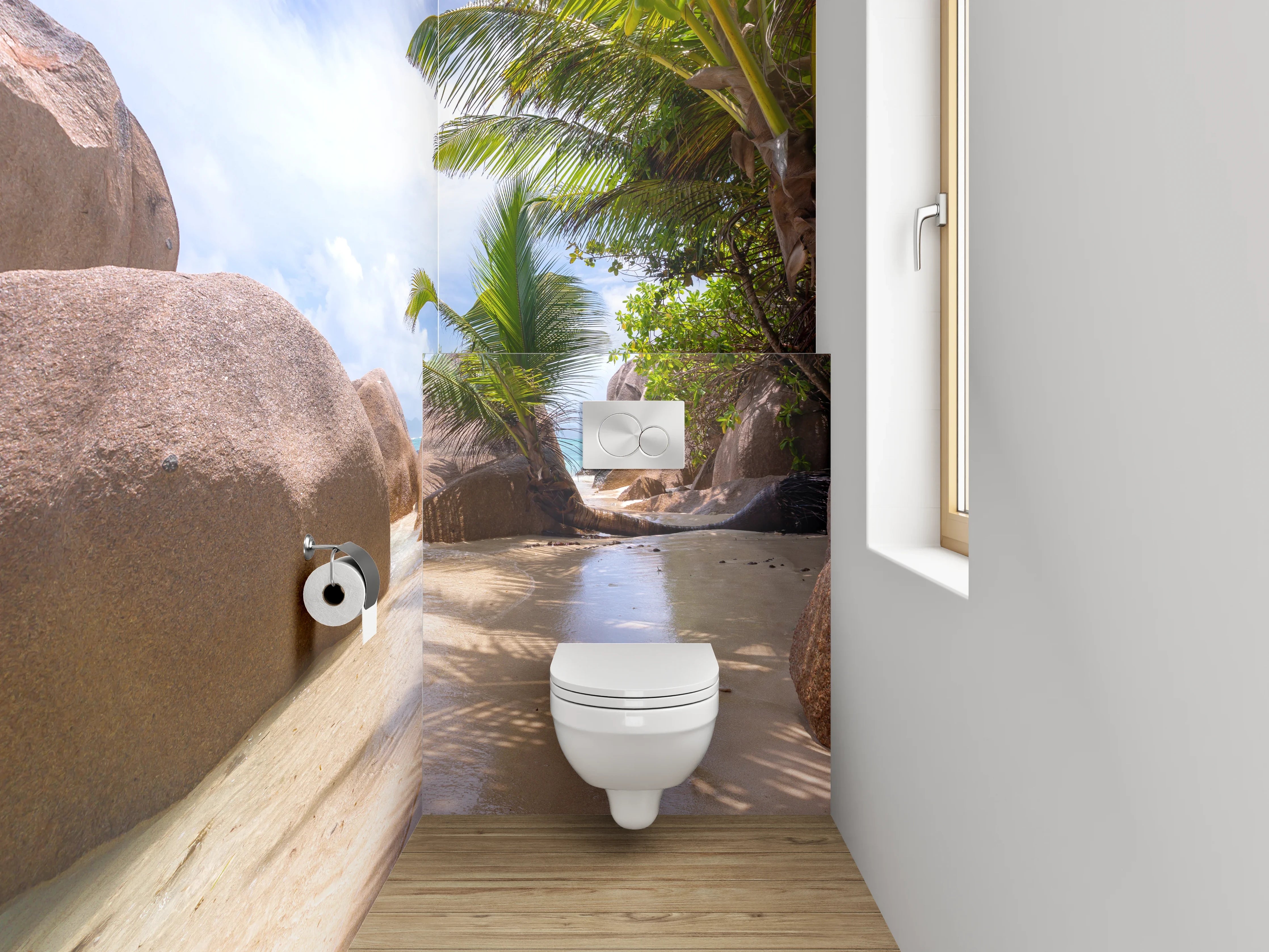 WC-Rückwand - Traumhafter Strand mit Granitfelsen