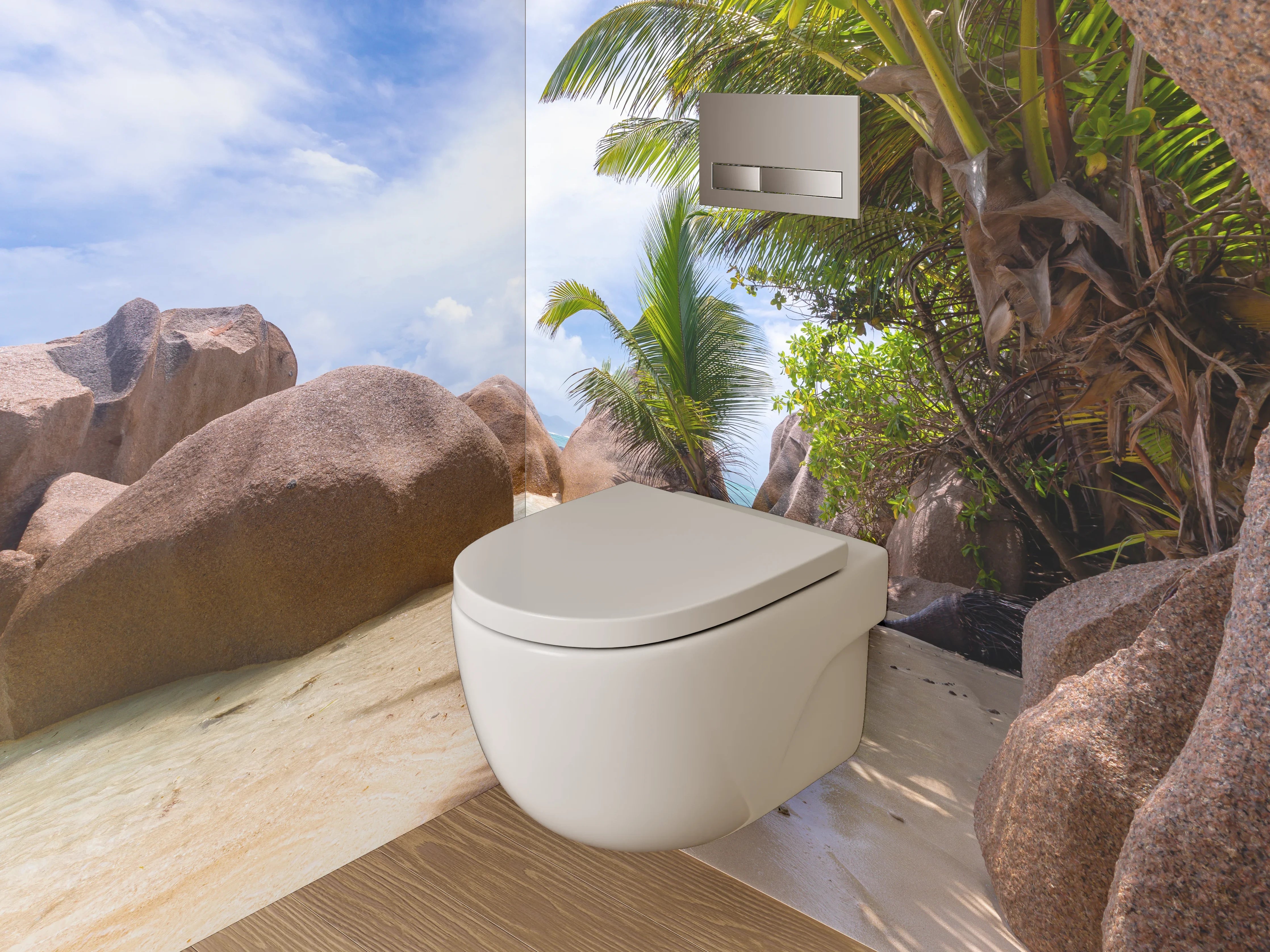 WC-Rückwand - Traumhafter Strand mit Granitfelsen