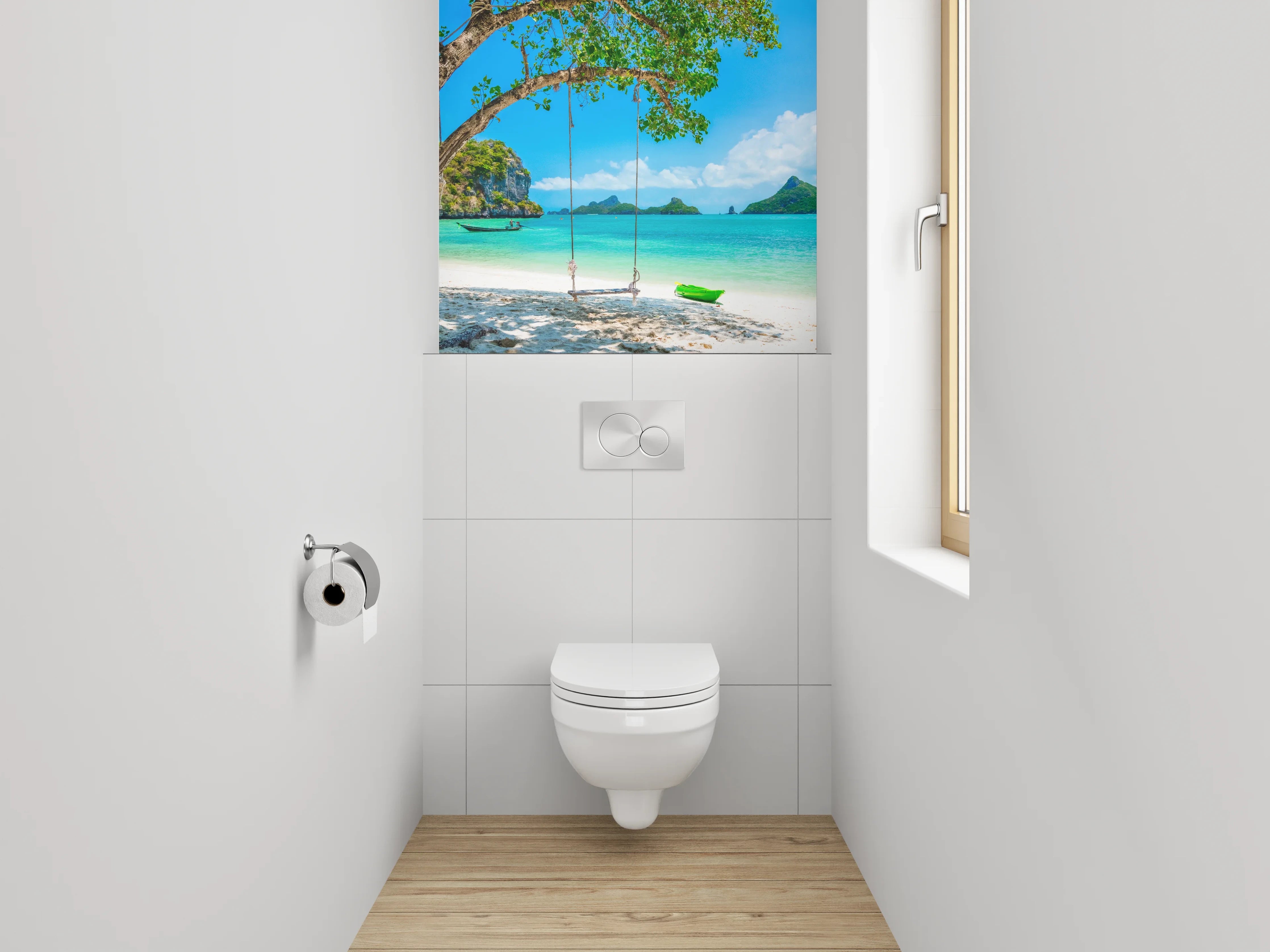 WC-Rückwand - Traumhafter tropischer Strand mit Schaukel