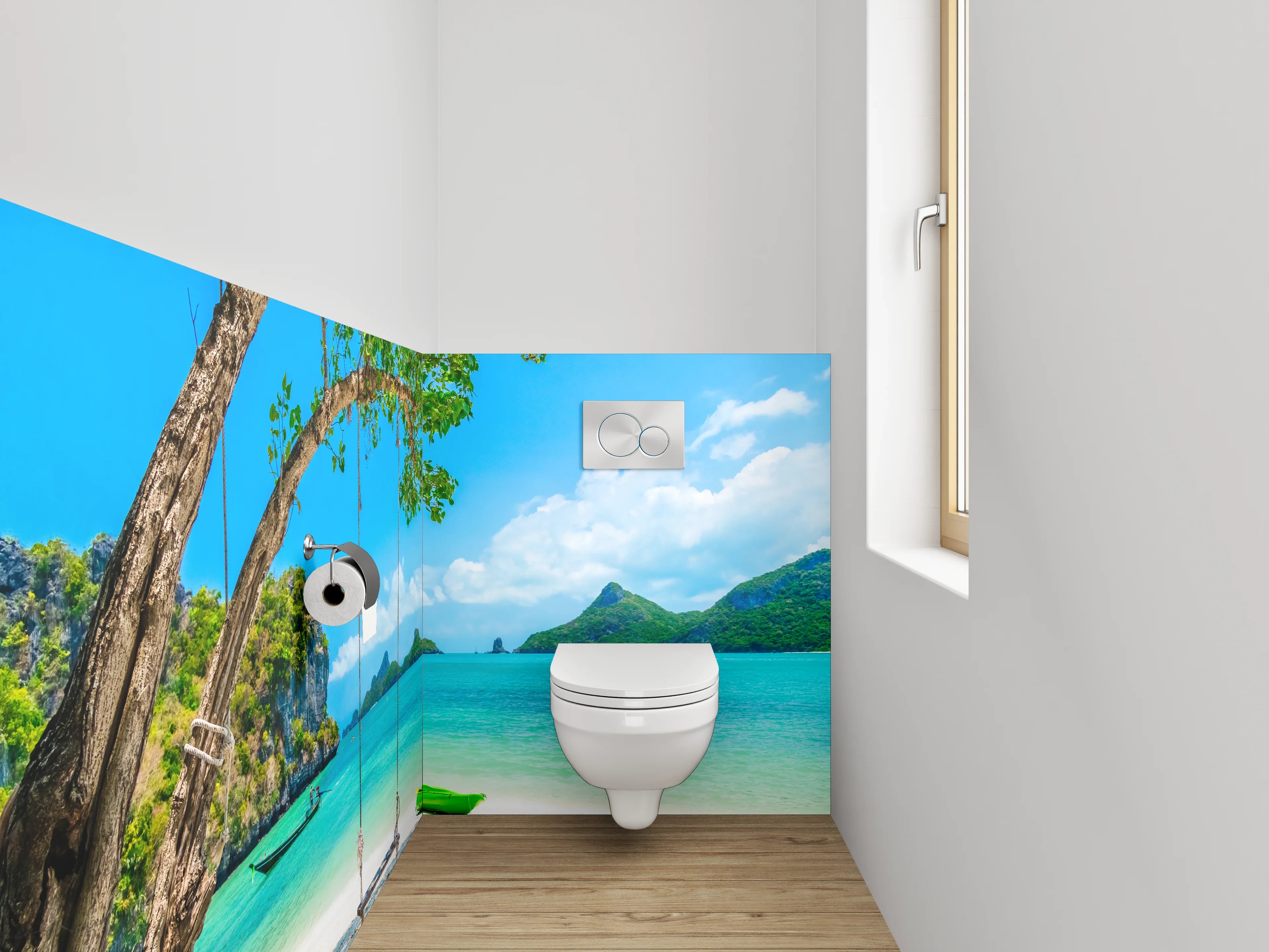 WC-Rückwand - Traumhafter tropischer Strand mit Schaukel