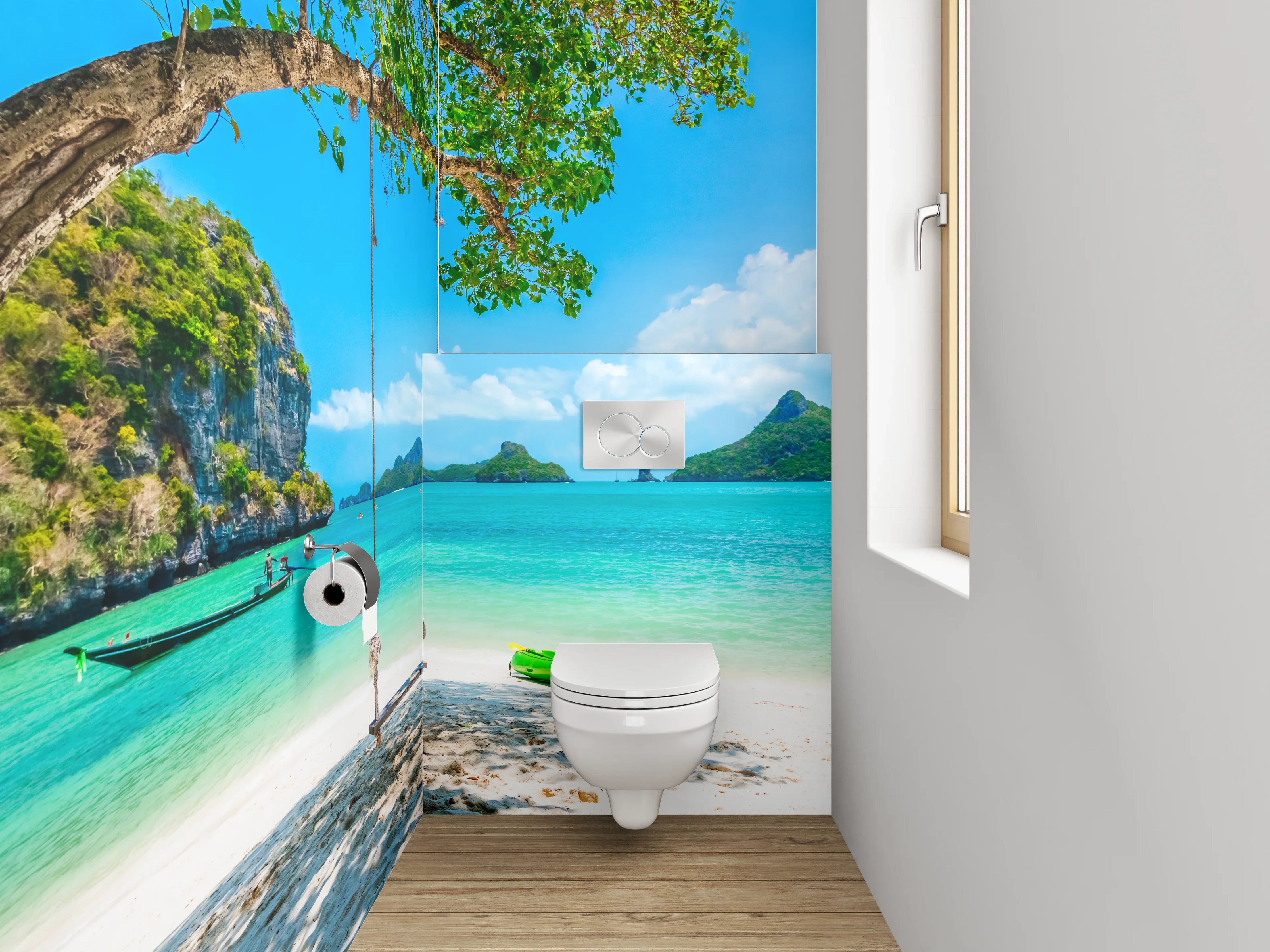 WC-Rückwand - Traumhafter tropischer Strand mit Schaukel