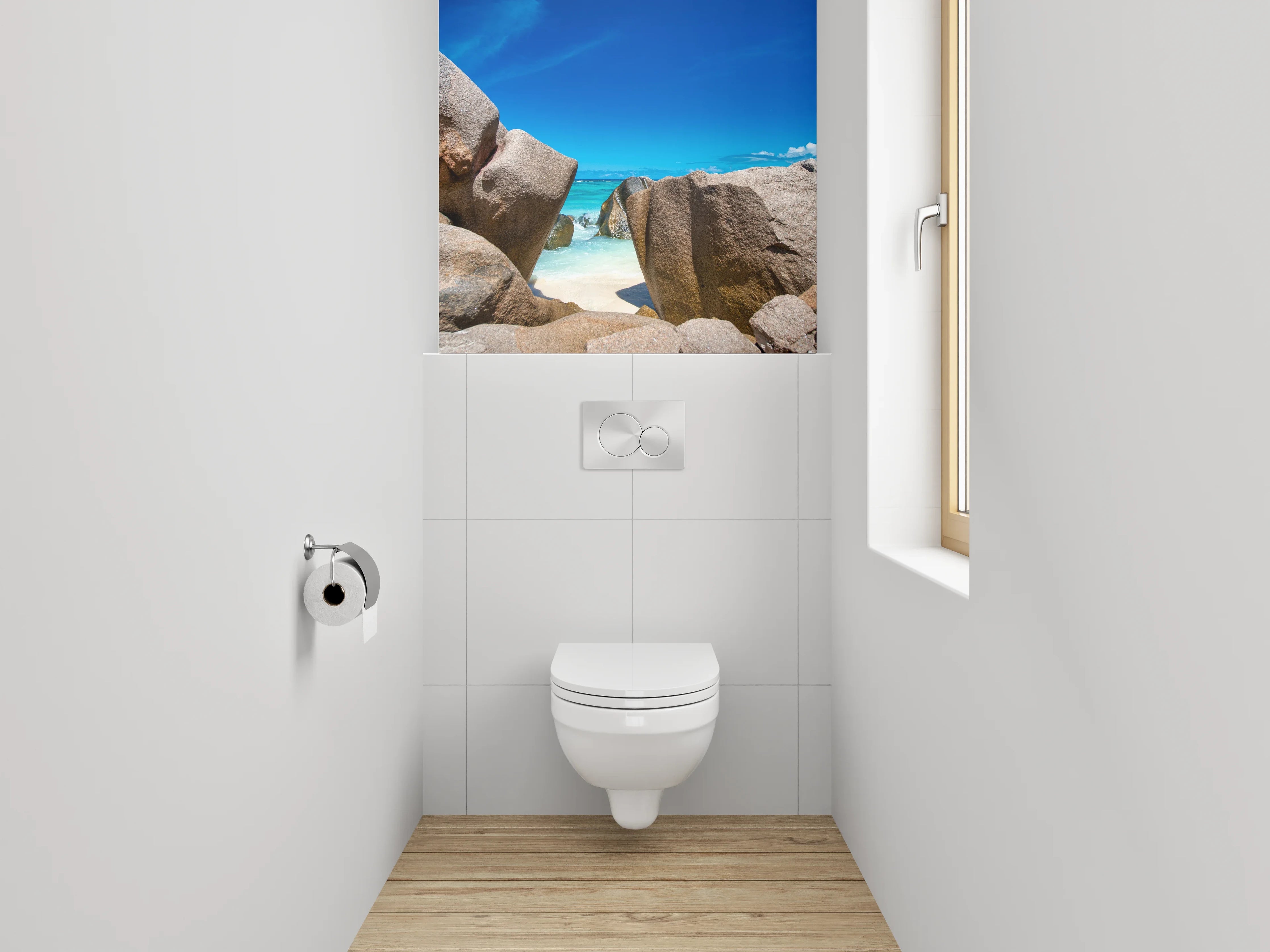 WC-Rückwand - Traumstrand mit Granitfelsen und blauem Himmel