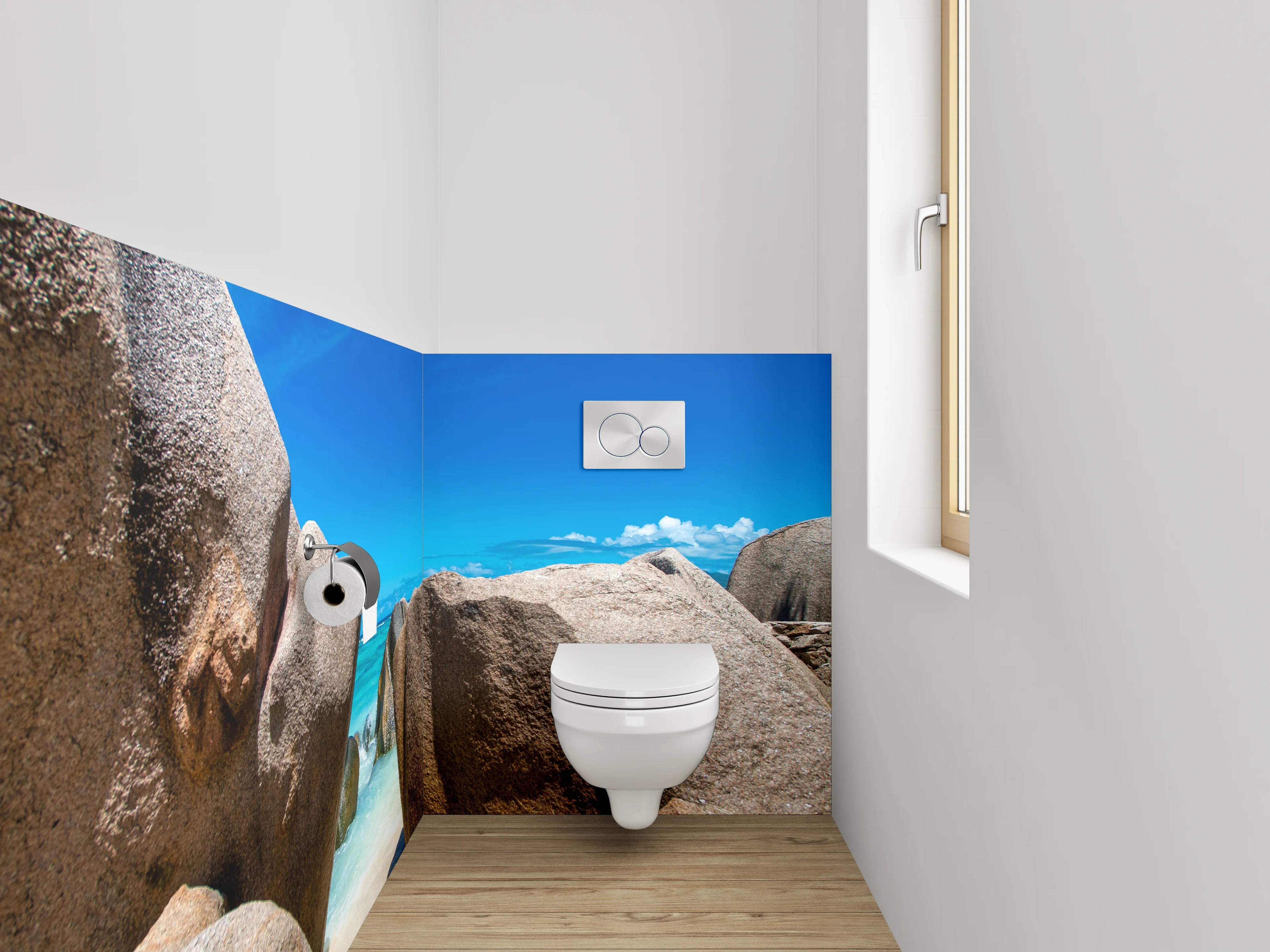 WC-Rückwand - Traumstrand mit Granitfelsen und blauem Himmel