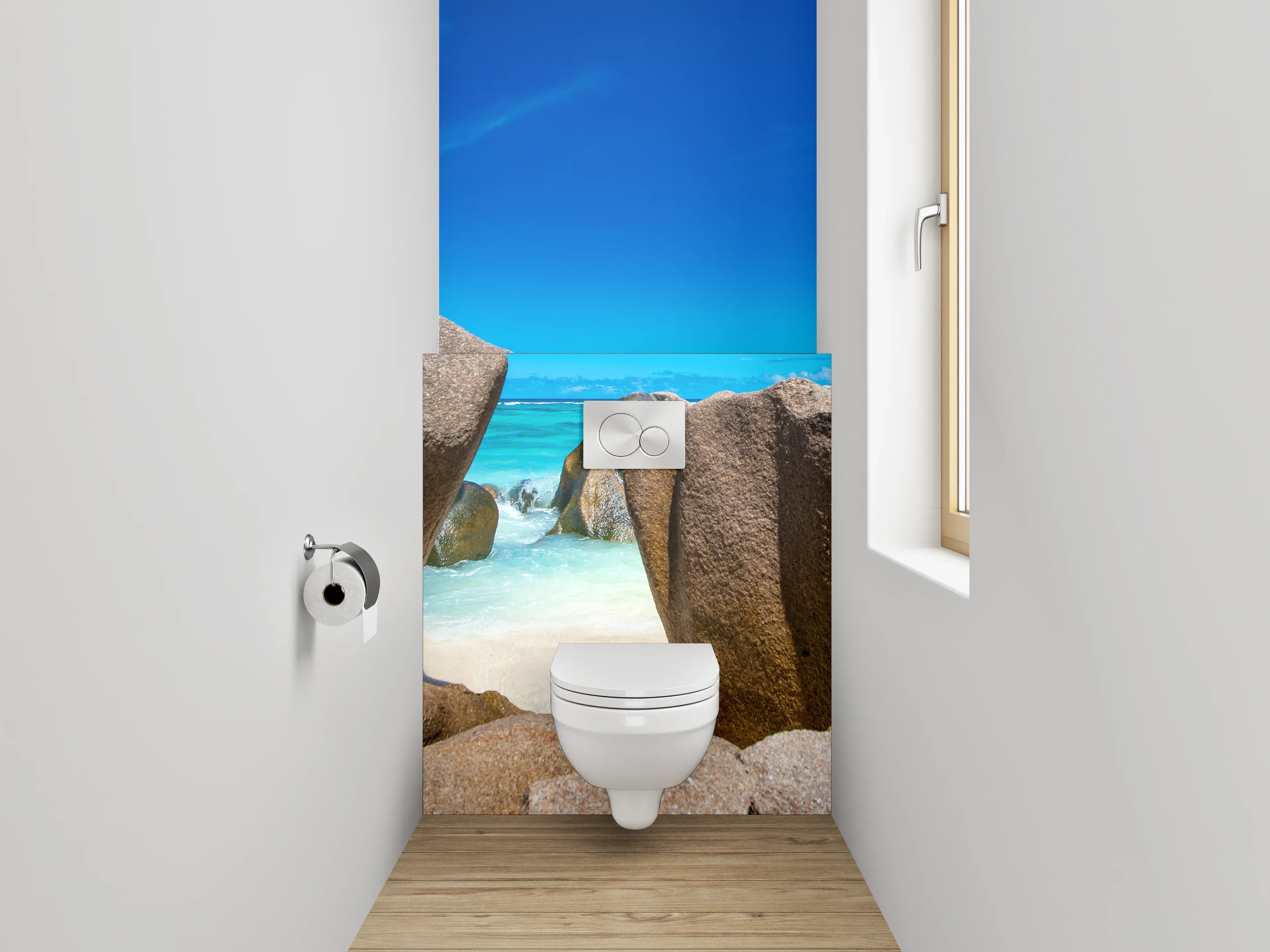 WC-Rückwand - Traumstrand mit Granitfelsen und blauem Himmel