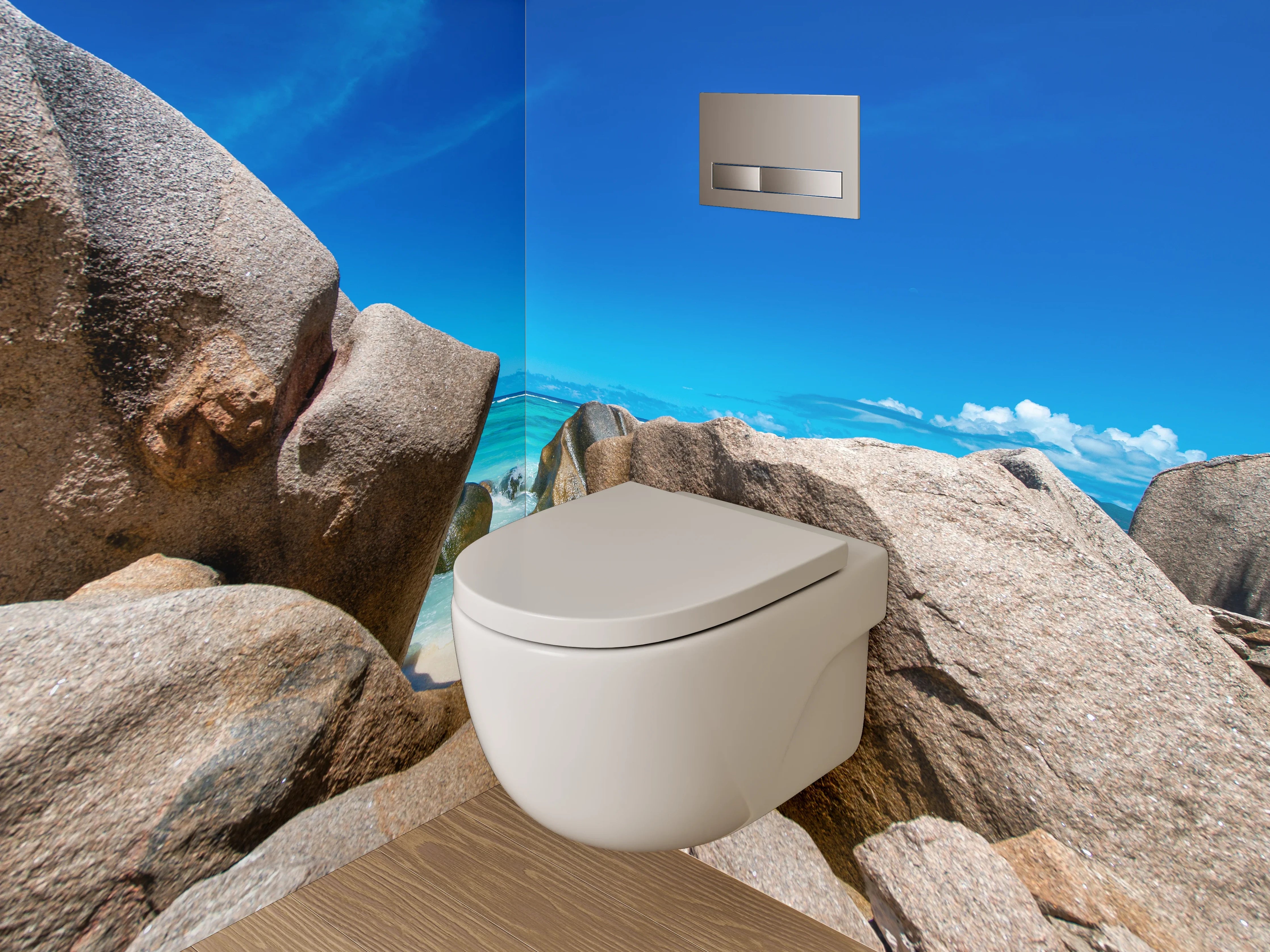 WC-Rückwand - Traumstrand mit Granitfelsen und blauem Himmel