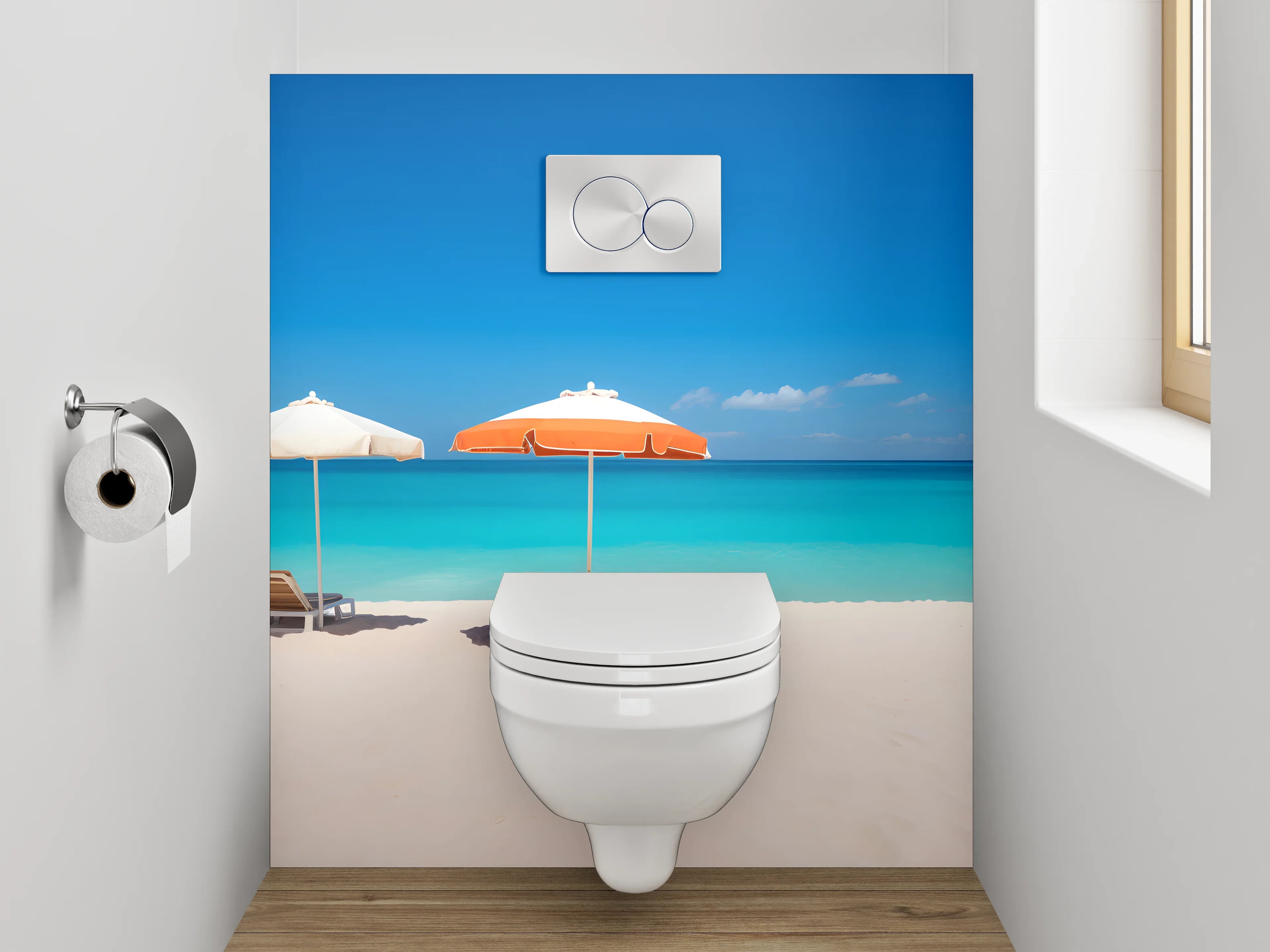 WC-Rückwand - Traumstrand mit blauen Sonnenschirmen