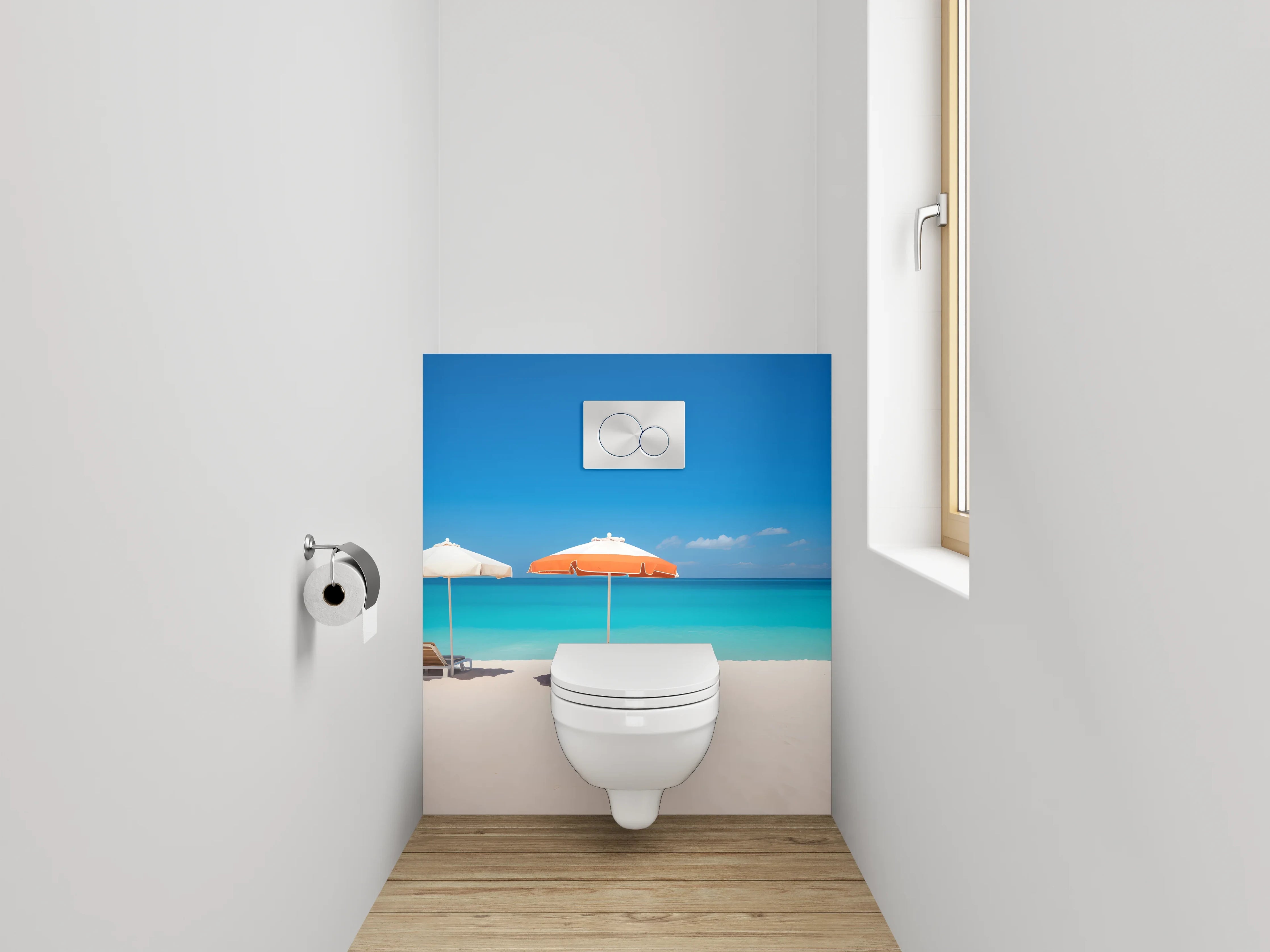 WC-Rückwand - Traumstrand mit blauen Sonnenschirmen