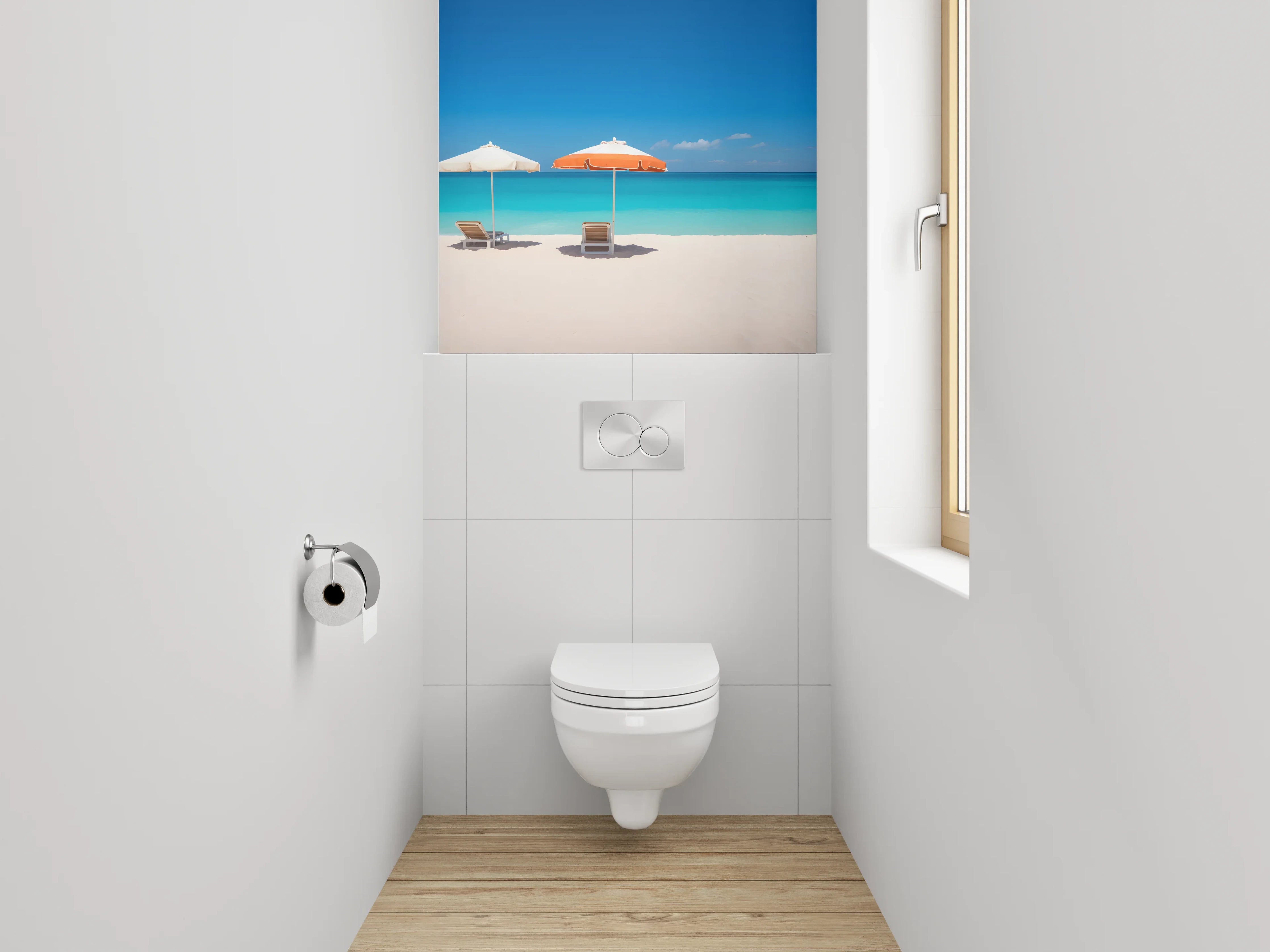 WC-Rückwand - Traumstrand mit blauen Sonnenschirmen