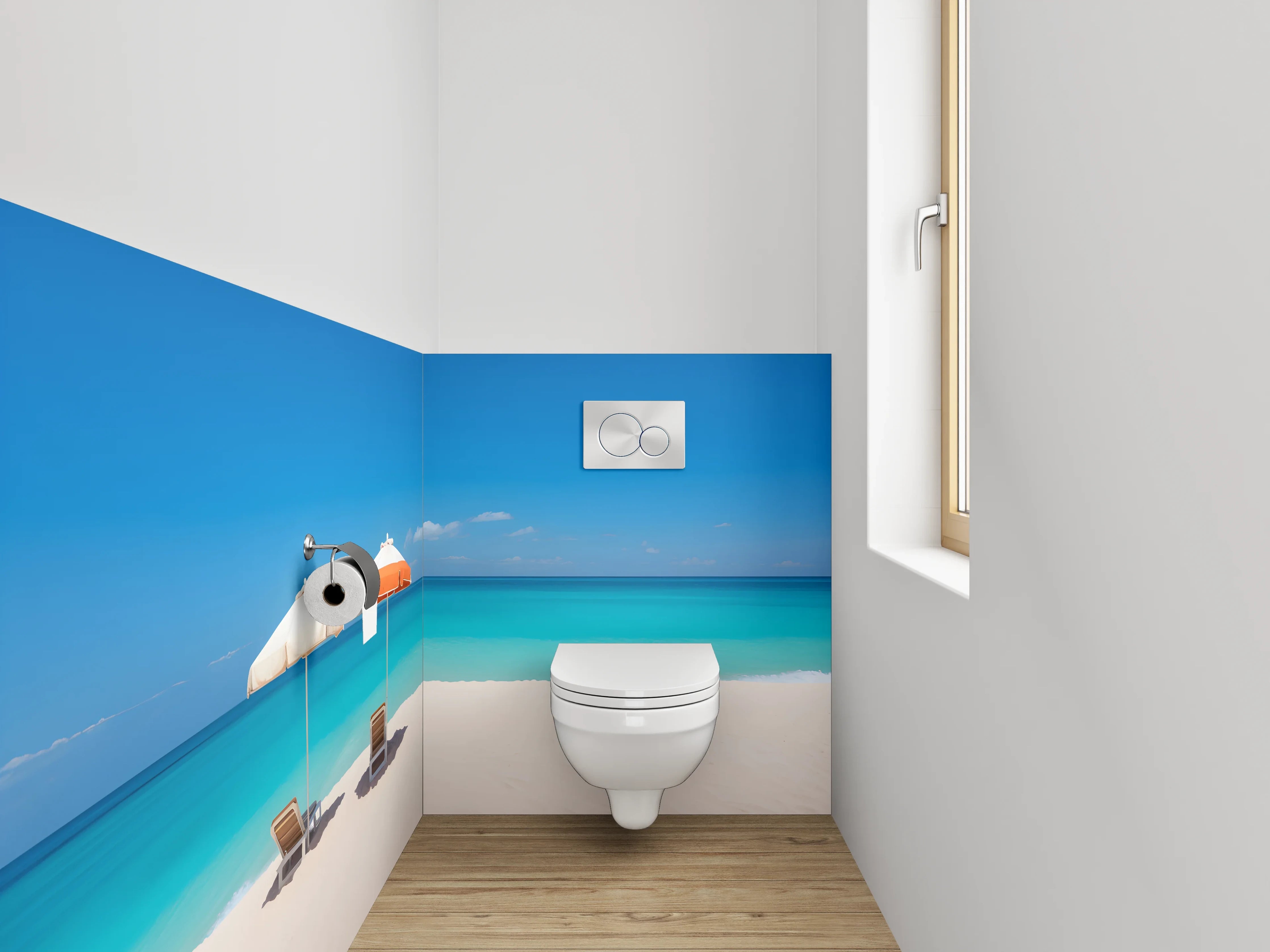 WC-Rückwand - Traumstrand mit blauen Sonnenschirmen
