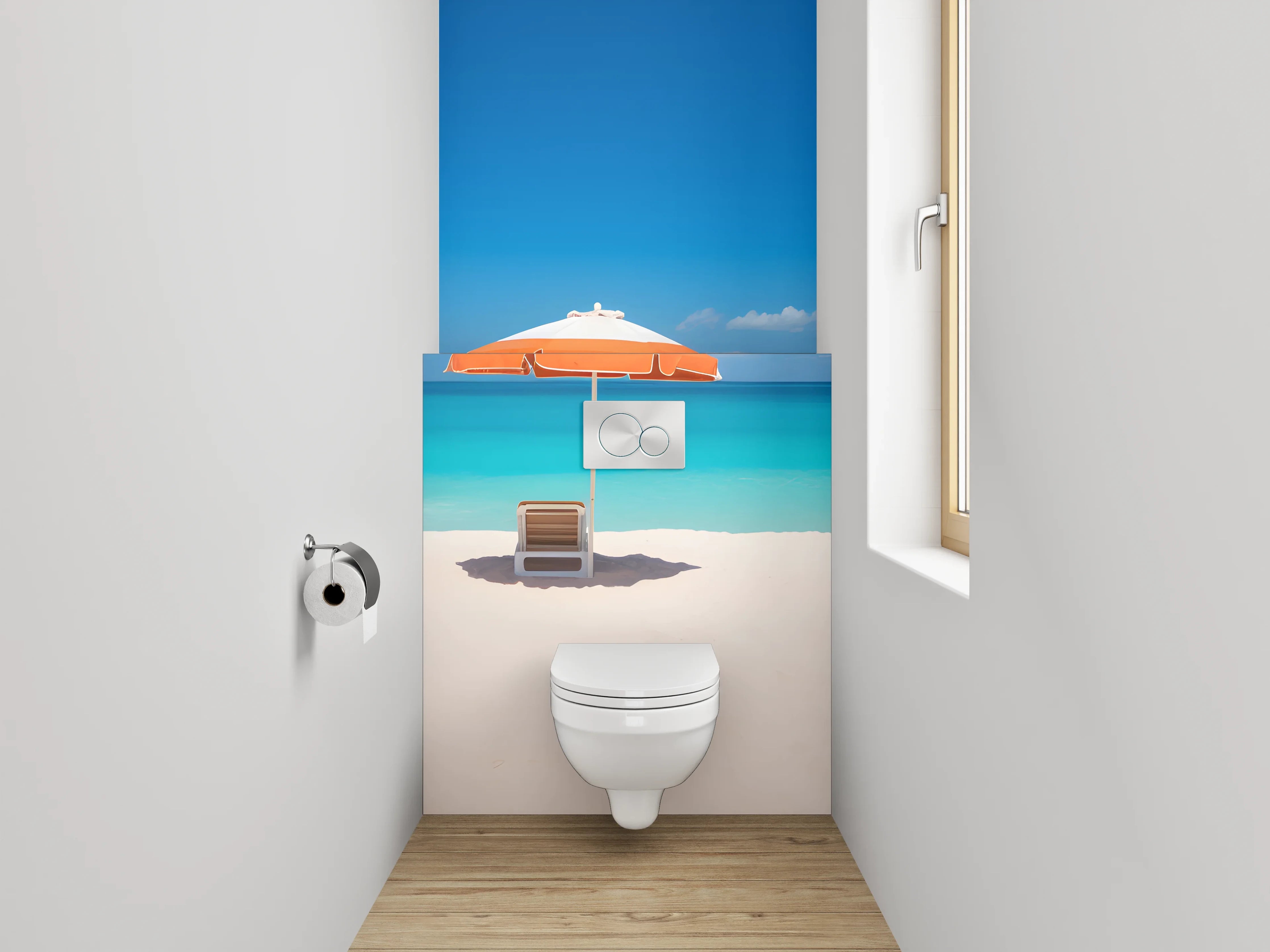 WC-Rückwand - Traumstrand mit blauen Sonnenschirmen