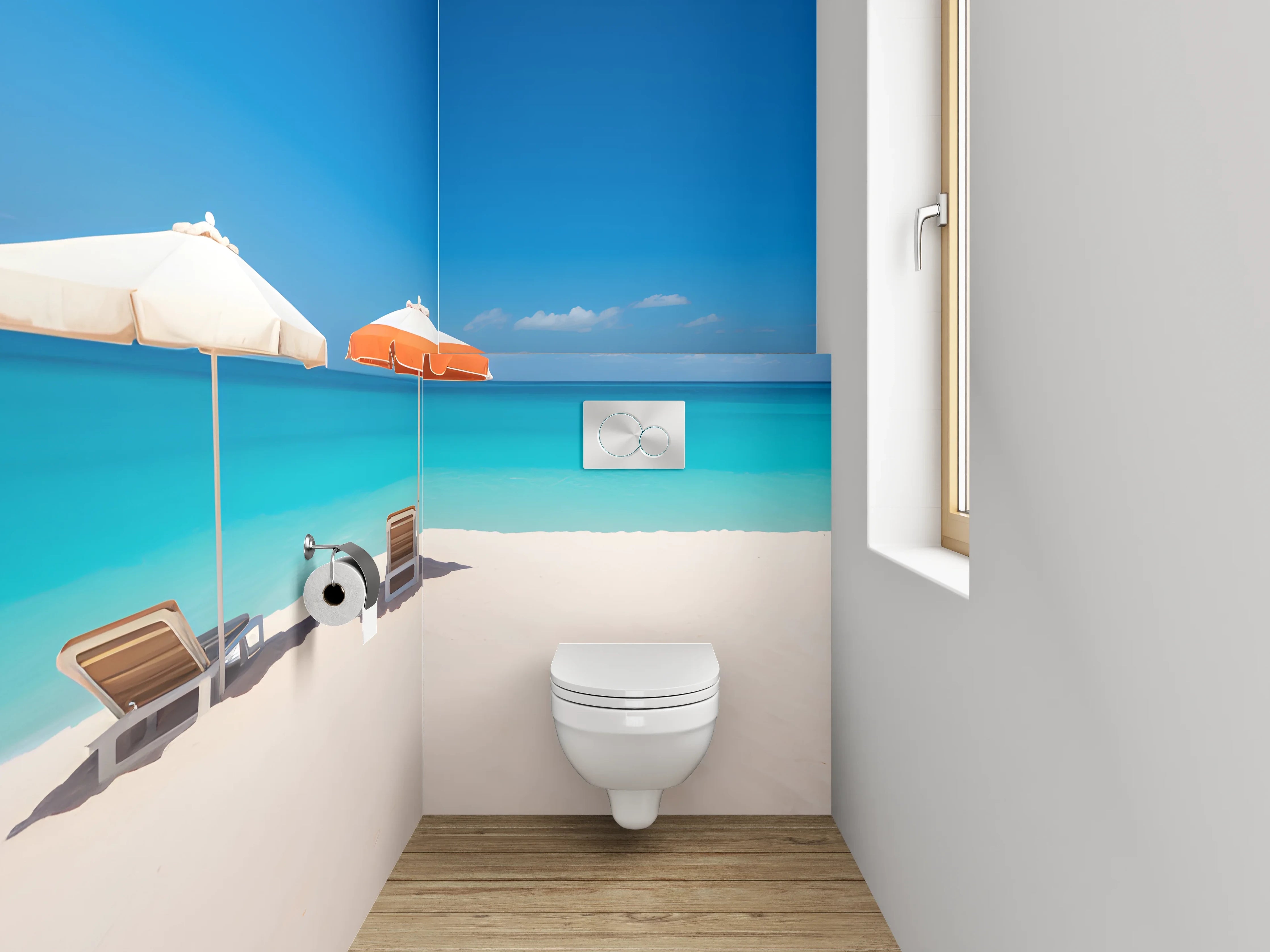 WC-Rückwand - Traumstrand mit blauen Sonnenschirmen