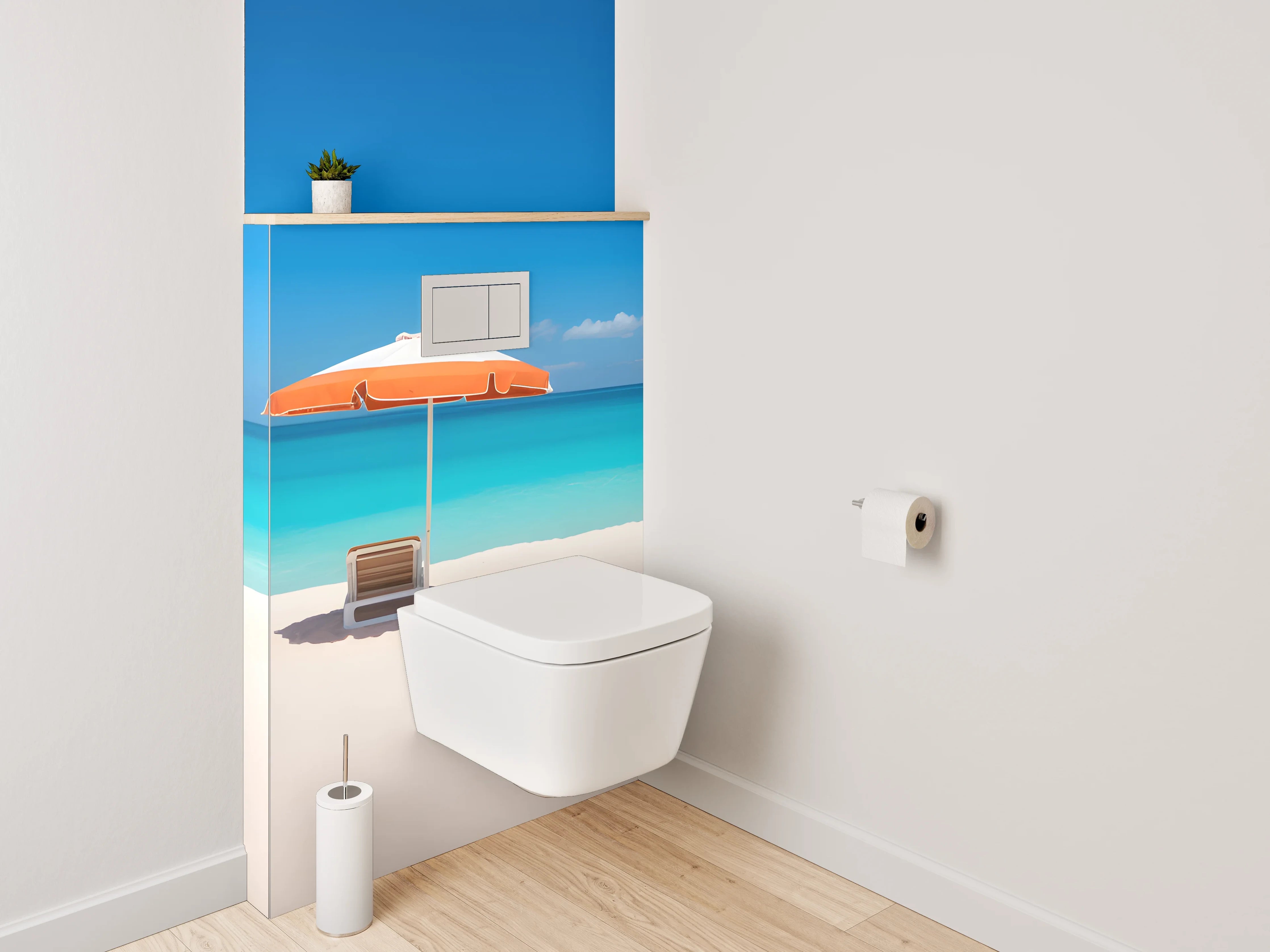 WC-Rückwand - Traumstrand mit blauen Sonnenschirmen