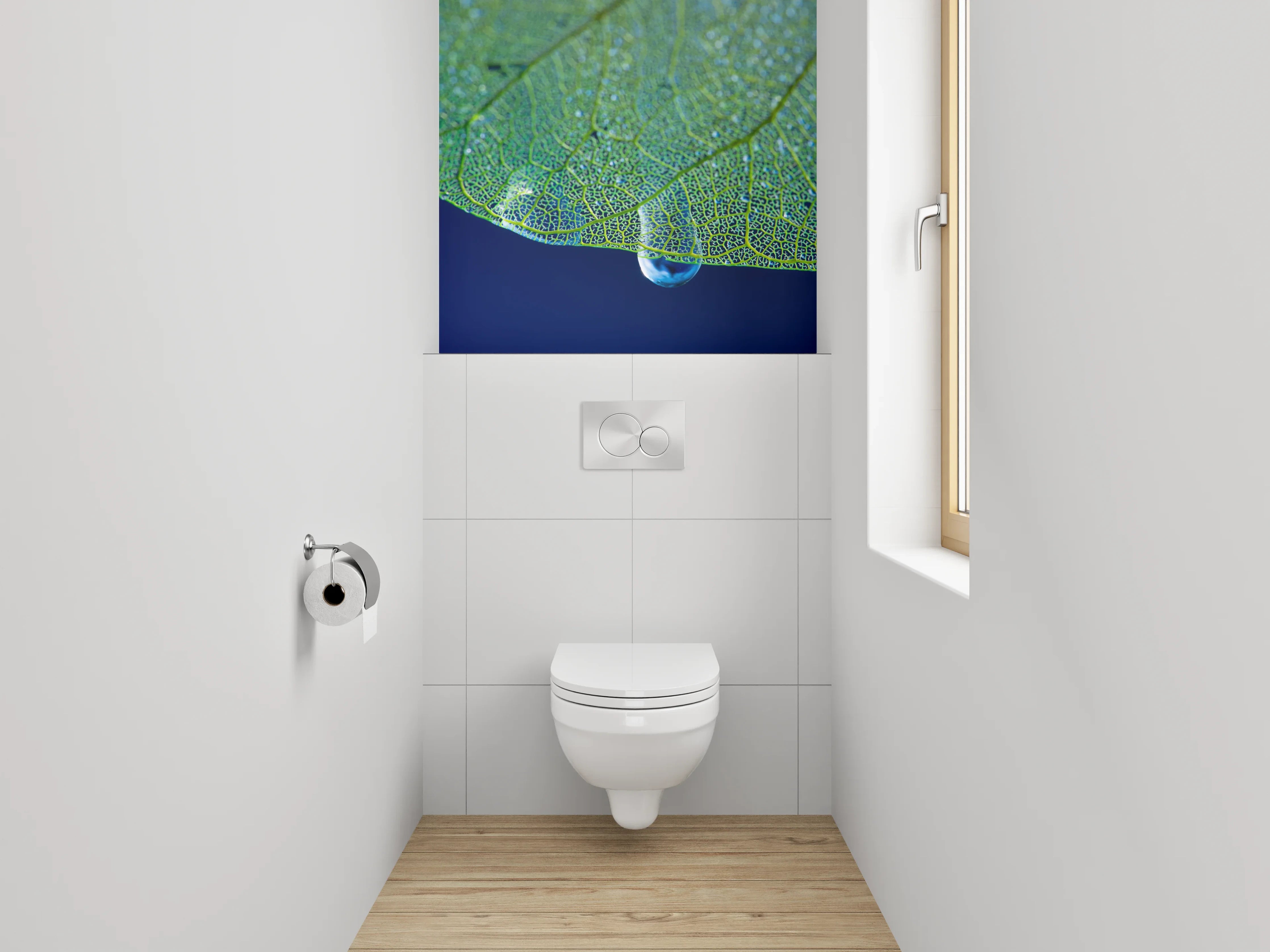 WC-Rückwand - Tropfender Wassertropfen an Blattstruktur