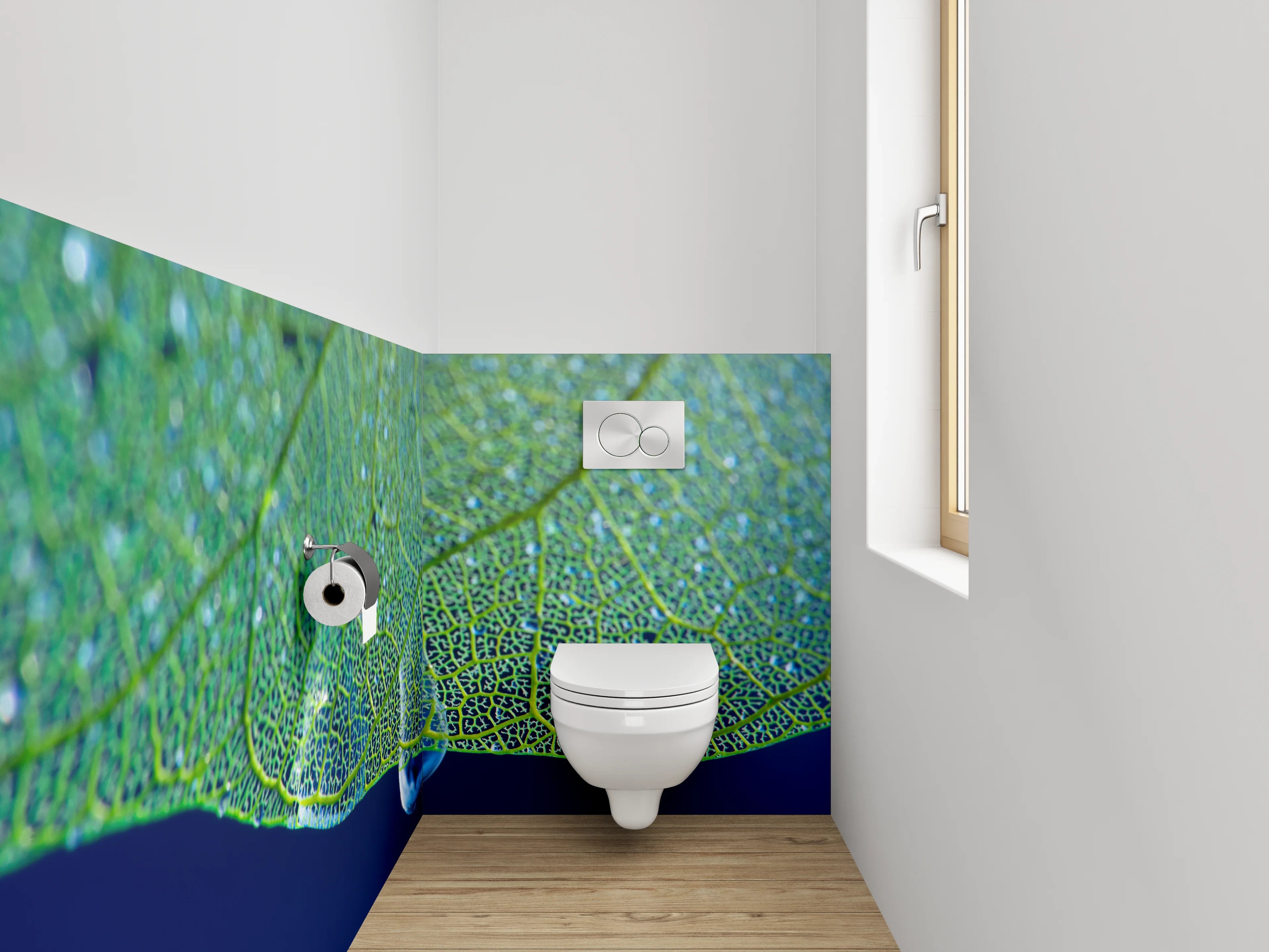 WC-Rückwand - Tropfender Wassertropfen an Blattstruktur