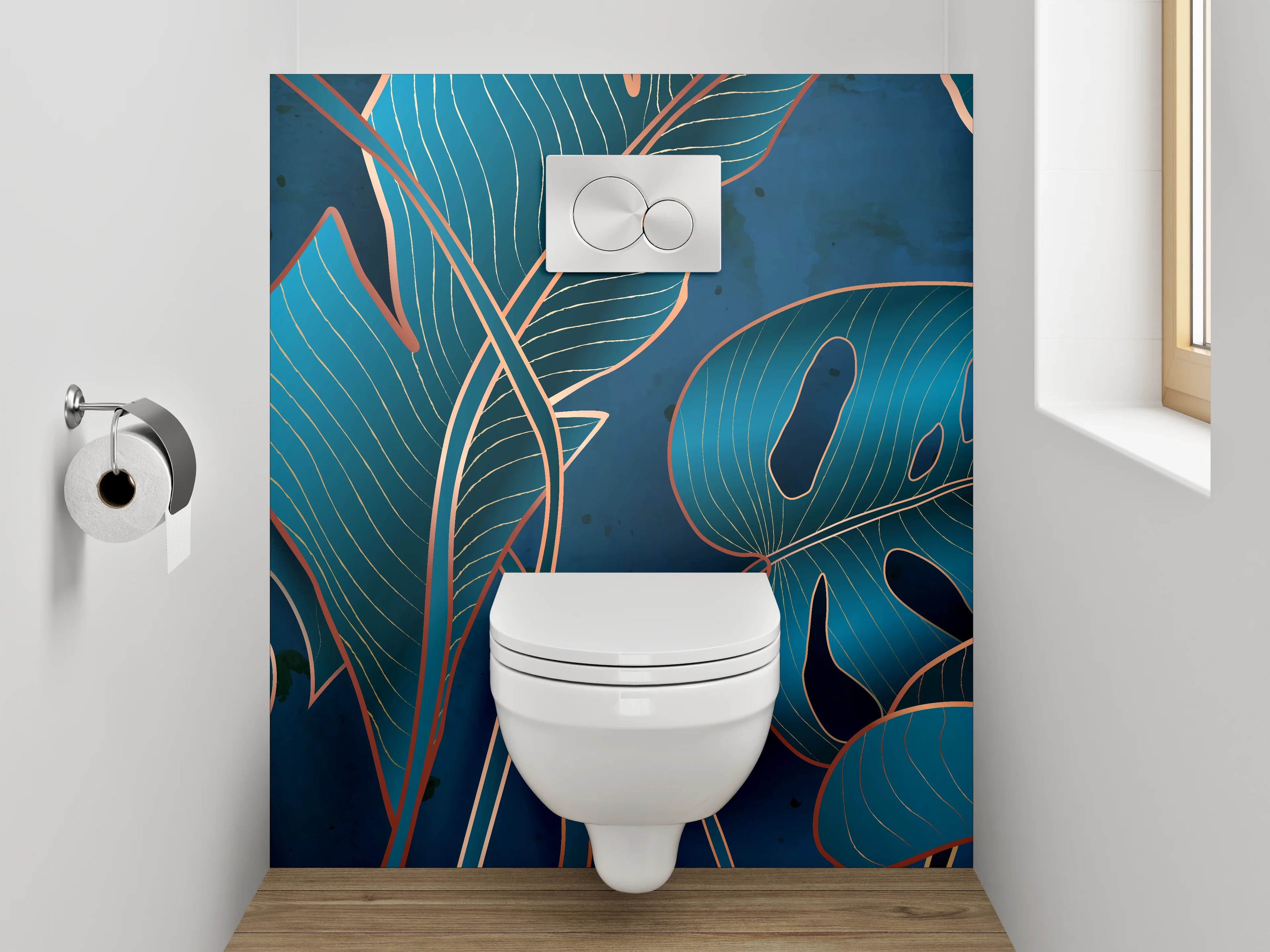 WC-Rückwand - Tropische Blätter Blau Illustration