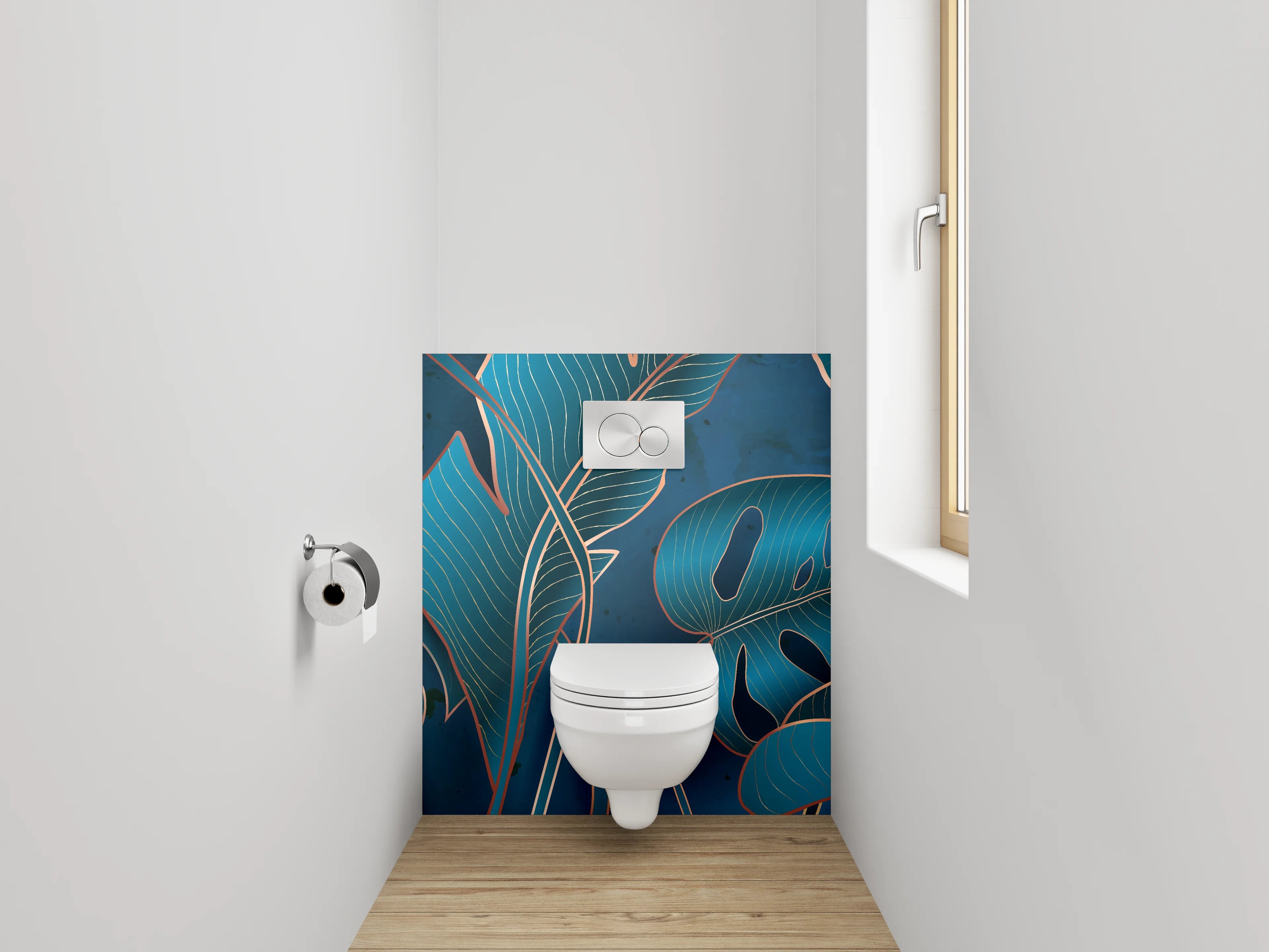 WC-Rückwand - Tropische Blätter Blau Illustration